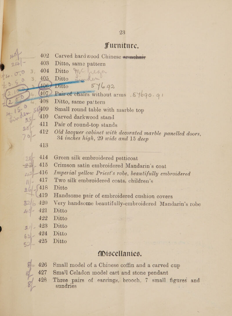 Furniture, 402. Carved hardwood Chinese erarehearr 403 Ditto, same pattern . 3 404 Ditto We    “Hairs without arms .5Yoqo. q! ft 408 iti, same pattern <(409 Small round table with marble top “410 Carved darkwood stand ') 411 Pair of round-top stands 20' 412 + Old lacquer cabinet with decorated marble panelled doors, j 9} 34 inches high, 29 wide and 15 deep } 414 Green ate Siarmidared pemicant ~2 y _ 415 Crimson satin embroidered Mandarin’s coat . 416 Imperial yellow Priest’s robe, beautifully embroidered 417 ‘Two silk embroidered coats, —— s | (418 Ditto ~\419 Handsome pair of embroidered cushion covers 420 Very handsome beautifully-embroidered Mandarin’s robe wie 421 Ditto a 429 Ditto 2i|- 423 Ditto ,.). 424 Ditto e495 Ditto Mmiscellantes. 426 Small model of a Chinese coffin and a carved cup 427 Small Celadon model cart and stone pendant / 428 Three pairs of earrmgs, brooch, 7 small neue and sundries | : |