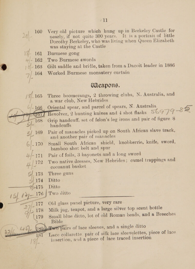 -11 160 Very old picture which hung up in Berkeley Castle for nearly, if not quite 300 years. It is a portrait of little Dorothy Berkeley, who was living when Queen Elizabeth was staying at the Castle - 161 Burmese gong 4/- 162 Two Burmese swords | y-163 Gilt saddle and bridle, taken from a Dacoit leader in 1886 ~/ 164 Worked Burmese monastery curtain (Weapons. J : /%_165 Three boomerangs, 2 throwing clubs, N. Australia, and a war club, New Hebrides 166 , Oriental spear, and parcel of spears, N, Australia ae 7 Revolver, 2 hunting knives and 4 shot flasks 565 rII-o _ Grip handcuff, set of felon’s leg irons and pair of Route 8 ad ie handcuffs 5/ 169 Pair of manacles picked up on South African slave track, a and another pair of manacles 6/170 Small South African shield, knobkerrie, knife, sword, bamboo shot belt and spur 71 Pair of foils, 3 bayonets and a long sword /172 Two native dresses, New Hebrides; camel trappings and ce * cocoanut basket 5/173 Three guns 4/174 Ditto E175 Ditto    “39 177 Old glass panel picture, very rare _178 Milk jug, teapot, and a large silver top scent bottle a 79 Small blue ditto, lot of old Roman beads, and a Breeches Bible BwO pairs of lace sleeves, and a single ditto | ude collarette. pair of silk lace sleevelettes, piece of lace 197 insertion, and a piece of lace traced insertion    
