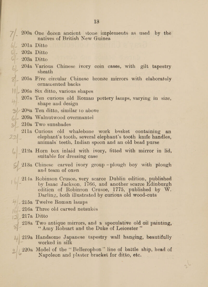2004 201a 202a 208a 204a 205a 207a 208a 210a 213a 215a 217a 13 One dozen ancient stone implements as used by the natives of British New Guinea Ditto Ditto Ditto Various Chinese ivory coin cases, with gilt tapestry sheath Five circular Chinese bronze mirrors with elaborately ornaiwented backs Six ditto, various shapes Ten curious old Roman pottery lamps, varying in size, shape and design Ten ditto, similar to above Walnutwood overmantel Two sunshades Curious old whalebone work basket containing an elephant’s tooth, several elephant’s tooth knife handles, animals teeth, Indian spoon and an old bead purse Horn box inlaid with ivory, fitted with mirror in lid, suitable for dressing case Chinese carved ivory group —plough boy with plough and team of oxen Robinson Crusoe, very scarce Dublin edition, published by Isaac Jackson, 1766, and another scarce Edinburgh edition of Robinson Crusoe, 1775, published by W. Darling, both illustrated by curious old wood-cuts Twelve Roman lamps Three old carved netsukes Ditto Two antique mirrors, and a speculative old oii painting, ‘‘Amy Robsart and the Duke of Leicester ” Handsome Japanese tapestry wall hanging, beautifully worked in silk Model of the ‘‘ Bellerophon ”’ line of battle ship, head of Napoleon and plaster bracket for ditto, etc.