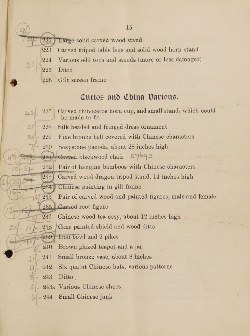 Hee solid carved wood stand  ~ Q23 Carved tripod table legs and solid wood horn stand 224 Various odd tops and stands (more or less damaged) 1225 Ditto — 226 Guilt screen frame Curios and China Various. bo bo ae 7 Carved rhinoceros horn cup, and small stand, which could be made to fit > 228 Silk beaded and fringed dress ornament *e - 229 Fine bronze bell covered with Chinese characters    //- 230 ‘Soapstone pagoda, about 28 inches hia 2etsGarved blackwood chair S yeA2 ved root figure anit {- 237 Chinese wood tea cosy, about 12 inches high | sp 338 | Cane painted shield and wood ditto = 2Q89}Iron bowl and 2 pikes   i 7-340 Brown glazed teapot and a jar a3 241 Small bronze vase, about 8 inches q I 242 Six quaint Chinese hats, various patterns e/- 243 Ditto, '_ 243a Various Chinese shoes - 244 Small Chinese junk