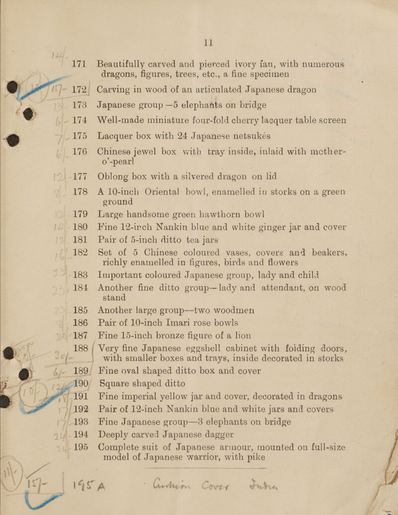    171 173 176 177 178 180 181 182 183 185 186 187 194 195 14. Beautifully carved and pierced ivory ian, with numerous. dragons, figures, trees, etc., a fine specimen Carving in wood of an articulated Japanese dragon Japanese group —5 elephants on bridge Well-made miniature four-fold cherry lacquer table screen Lacquer box with 24 Japanese netsukés Chinese jewel box with tray inside, inlaid with mcther- o’-pearl Oblong box with a silvered dragon on lid A 10-inch Oriental bowl, enamelled in storks on a green eround Large handsome green hawthorn bow] Fine 12-irch Nankin blue and white ginger jar and cover Pair of 5-inch ditto tea jars Set of 5 Chinese coloured vases, covers and beakers, richly enamelled in figures, birds and flowers Important coloured Japanese group, lady and child Another fine ditto group—lady and attendant, on wood stand Another large group—two woodmen Pair of 10-inch Imari rose bowls Fine 15-inch bronze figure of a hon with smaller boxes and trays, inside decorated in storks Fine oval shaped ditto box and cover Square shaped ditto Fine imperial yellow jar and cover, decorated in dragons Pair of 12-inch Nankin blue and white jars and covers Fine Japanese group—3 elephants on bridge Deeply carved Japanese dagger Complete suit of Japanese armour, mounted on full-size model of Japanese warrior, with pike  ‘ 