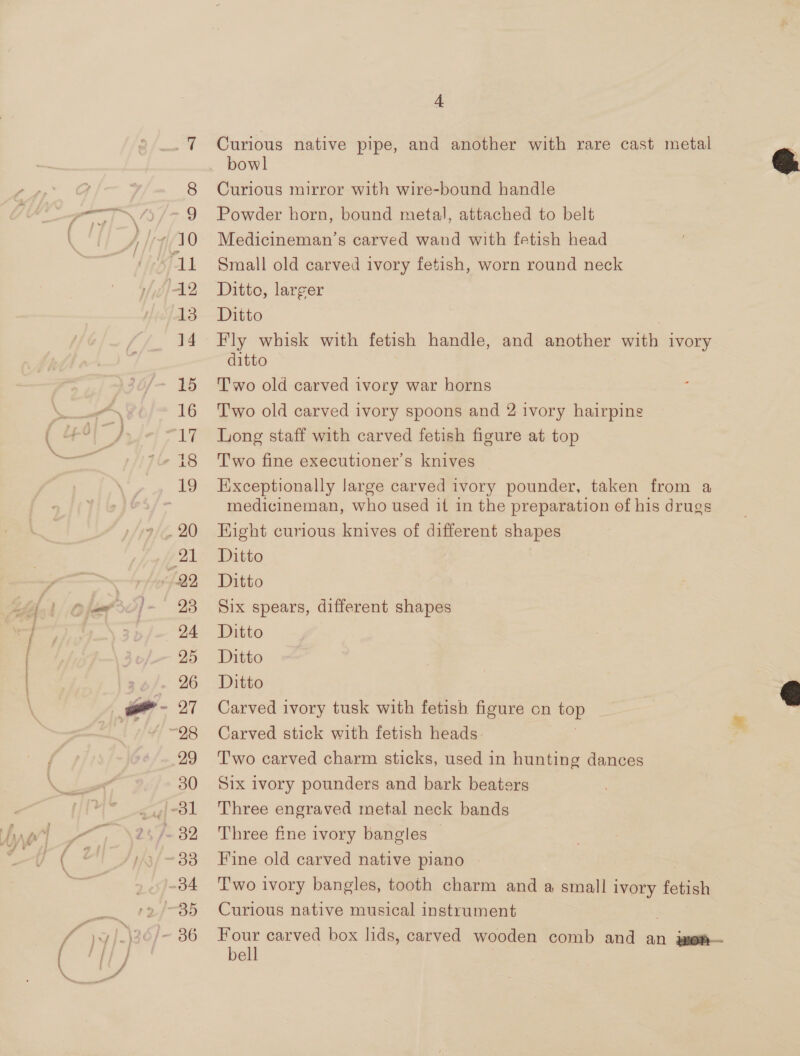 15 16 1% AL 23 24 25 26 29 30 303 04 4 Curious native pipe, and another with rare cast metal bowl Curious mirror with wire-bound handle Powder horn, bound metal, attached to belt Medicineman’s carved wand with fetish head Small old carved ivory fetish, worn round neck Ditto, larger Ditto Fly whisk with fetish handle, and another with ivory ditto Two old carved ivory war horns Two old carved ivory spoons and 2 ivory hairpins Long staff with carved fetish figure at top Two fine executioner’s knives Exceptionally large carved ivory pounder, taken from a medicineman, who used it in the preparation of his drugs Kight curious knives of different shapes Ditto Ditto Six spears, different shapes Ditto Ditto Ditto Carved ivory tusk with fetish figure cn top Carved stick with fetish heads Two carved charm sticks, used in hunting dances Six lvory pounders and bark beaters Three engraved metal neck bands Three fine ivory bangles Fine old carved native piano Two ivory bangles, tooth charm and a small ivory fell Curious native musical instrument Four carved box lids, carved wooden comb and an iwen— bell