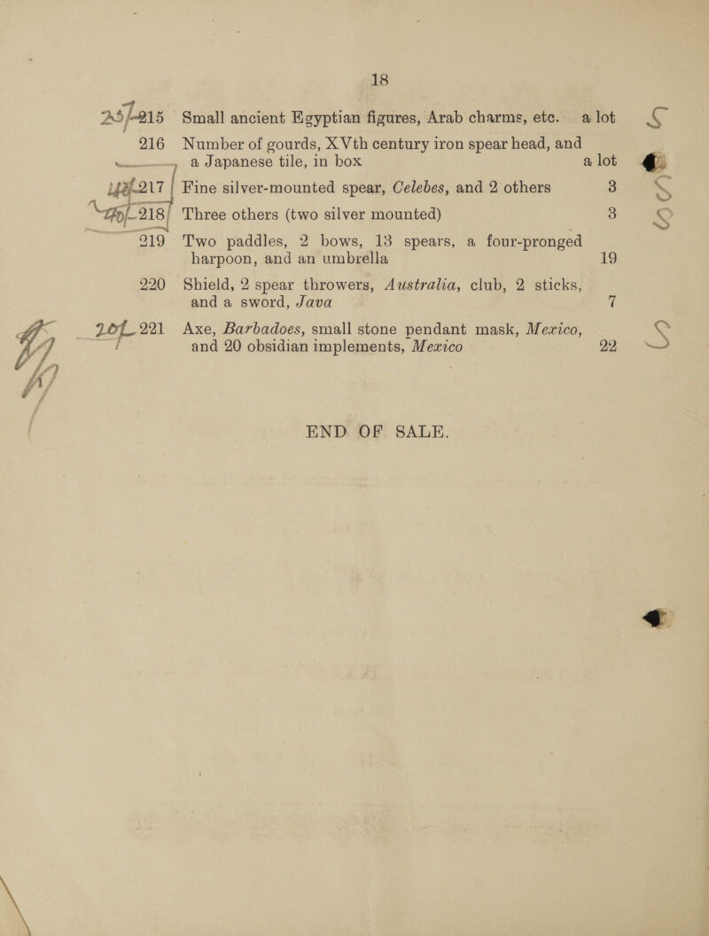  18 a /-2 915 Small ancient Egyptian figures, Arab charms, etc. a lot Ey 216 Number of gourds, X Vth century iron spear head, and : 4af27 | Fine silver-mounted spear, Celebes, and 2 others 3 S UAE 218) Three others (two silver mounted) 3 Ss > : 219 Two paddles, 2 bows, 13 spears, a four-pronged harpoon, and an umbrella 220 Shield, 2 spear throwers, Australia, club, 2 sticks, and a sword, Java LoL 221 Axe, Barbadoes, small stone pendant mask, Mezco, = and 20 obsidian implements, Mexico 22 ~~ END OF SALE.