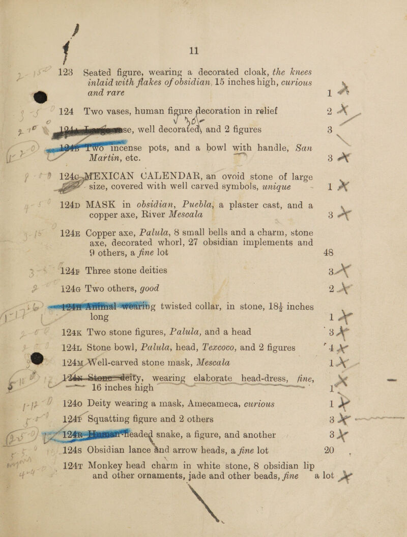 f 1 123 Seated figure, wearing a decorated cloak, the knees inlaid with flakes of obsidian, 15 inches high, Curious ce) and rare 124 Two vases, human xa Pe an in relief  e  se, well decorated\ and 2 figures    incense pots, and a bowl with handle, San Martin, etc. “5 124c-MEXICAN CALENDAR, an oveid stone of large ¥e - size, covered with well carved symbols, wneque tem YN ee  124p MASK in obsidian, Puebla, a plaster cast, and a pepe axe, River Mescala a {5 (1248 Copper axe, Palula, 8 small bells and a charm, stone Me aXe, decorated whorl, 27 obsidian implements and 9 others, a fine lot 9-3: 1245 Three stone deities ? 124¢ Two others, good  = ee OED al wearing twisted collar, in stone, 18} inches Cie dee tetera none 124K Two stone figures, Palula, and a head 1241, Stone bowl, Palula, head, Texcoco, and 2 figures 124 W ell-carved stone mask, Mescala  a A iione erty, wearing | elaborate _ head-dress, fine, is 6 —— 16 inches high © ss oft 4 - 1240 Deity wearing a mask, Amecameca, cwrious A hed q 124% “Squatting figure and 2 others  i eaded snake, a figure, and another | 124s Obsidian lance 4nd arrow heads, a fine lot