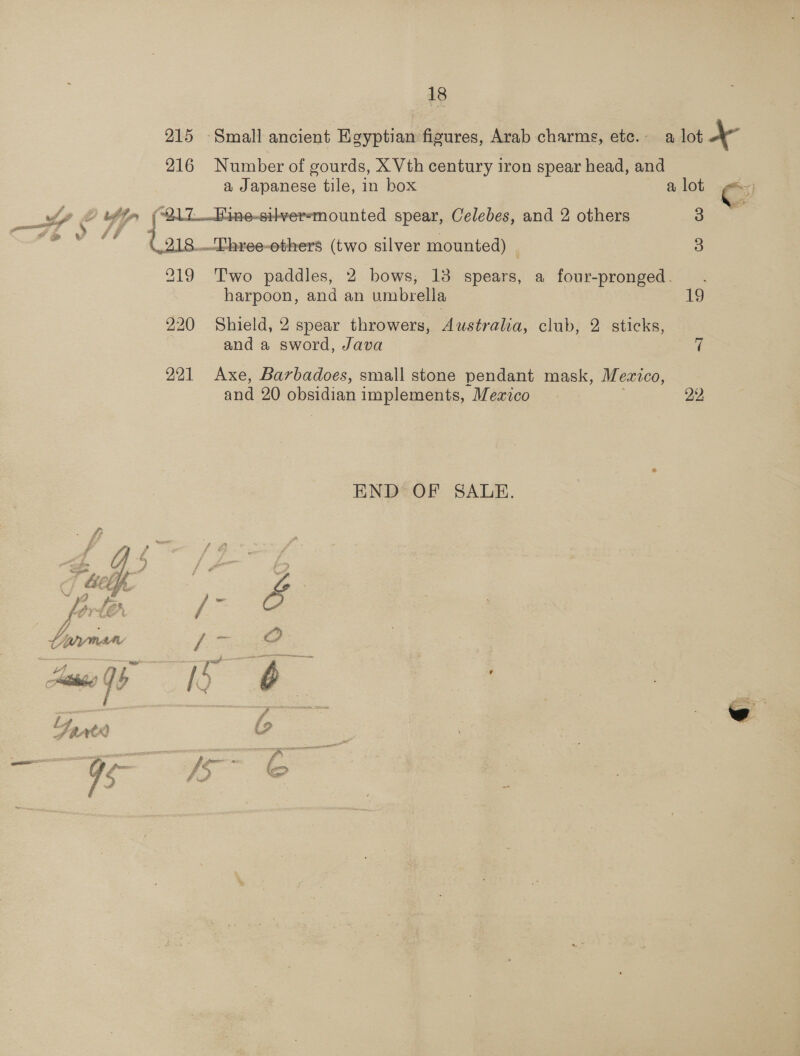 215 Small ancient Egyptian figures, Arab charms, etc.- a lot + 216 Number of gourds, X Vth century iron spear head, and a Japanese tile, in box alos oO wy £ wip (2L_ine-silveremounted spear, Celebes, and 2 others es yo Sal 218... hree-others (two silver mounted) 2 219 ‘Two paddles, 2 bows, 13 spears, a four-pronged. harpoon, and an umbrella 19 220 Shield, 2 spear throwers, Australia, club, 2 sticks, and a sword, Java 7 221 Axe, Barbadoes, small stone pendant mask, Mexico, and 20 obsidian implements, Mexico 22 END’ OF SALE. Dw a - a, / is | () % ~ = a8 ; £ a a fa ie ; 7 cel f = le&gt; 