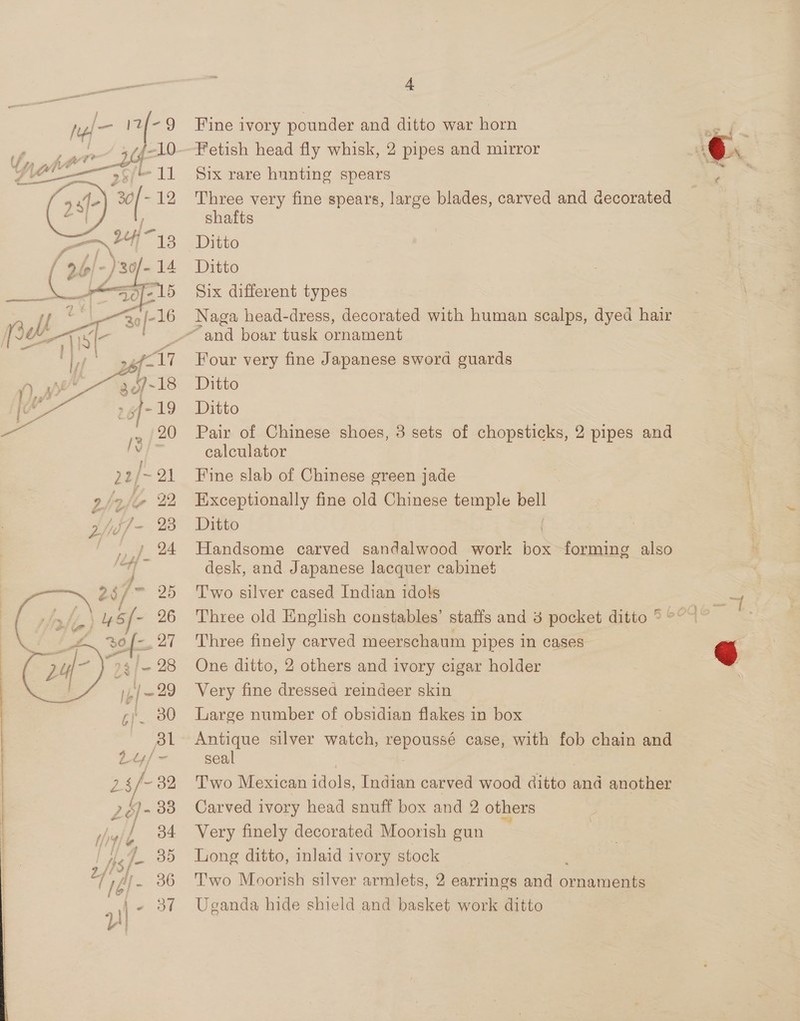 Bl lif ¢/- 32, Ze }- 33 ) [hs / = 716] oo OO eo  4 Fine ivory pounder and ditto war horn Fetish head fly whisk, 2 pipes and mirror Six rare hunting spears Three very fine spears, large blades, carved and decorated shafts Ditto Ditto Six different types Naga head-dress, decorated with human scalps, dyed hair ~and boar tusk ornament Four very fine Japanese sword guards Ditto Ditto Pair of Chinese shoes, 3 sets of chopsticks, 2 pipes and calculator Fine slab of Chinese green jade Exceptionally fine old Chinese temple bell Ditto Handsome carved sandalwood work box forming also desk, and Japanese lacquer cabinet Two silver cased Indian idols Three finely carved meerschaum pipes in cases” One ditto, 2 others and ivory cigar holder Very fine dressed reindeer skin Large number of obsidian flakes in box Antique silver watch, Saal case, with fob chain and seal Two Mexican idols, Indian carved wood ditto and another Carved ivory head snuff box and 2 others Very finely decorated Moorish gun Long ditto, inlaid ivory stock T'wo Moorish silver armlets, 2 earrings and oihetnenme Uganda hide shield and basket work ditto