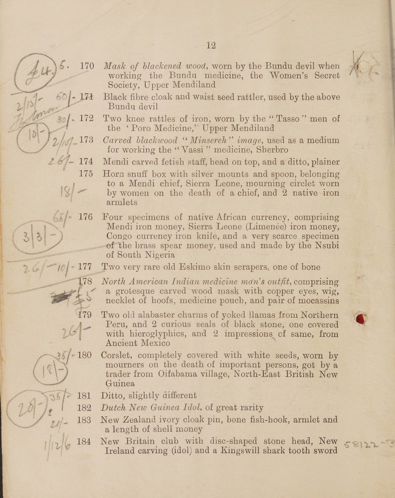  a 12 Mask of blackened wood, worn by the Bundu devil when working the Bundu medicine, the Women’s Secret Society, Upper Mendiland Black fibre cloak and waist seed rattler, used by the above Bundu devil , Two knee rattles of iron, worn by the ‘‘ Tasso”? men of the ‘ Poro Medicine,’ Upper Mendiland Carved blackwood ‘‘ Minsereh’’ wmage, used as a medium for working the ‘‘ Vassi’’ medicine, Sherbro Mendi carved fetish staff, head on top, and a ditto, plainer Horna snuff box with silver mounts and spoon, belonging to a Mendi chief, Sierra Leone, mourning circlet worn by women on the death of a chief, and 2 native iron armlets Four specimens of native African currency, comprising Mendi iron money, Sierra Leone (Limenée) iron money, Congo currency iron knife, and a very scarce specimen of the brass spear money, used and made by the Nsubi of South Nigeria T'wo very rare old Eskimo skin scrapers, one of bone North American Indian medicine man’s outfit, comprising a grotesque carved wood mask with copper eyes, wig, necklet of hoofs, medicine pouch, and pair of mocassins Two old alabaster charms of yoked llamas from Northern Peru, and 2 curious seals of black stone, one covered with hieroglyphics, and 2 impressions cf same, from Ancient Mexico | : | Corslet, completely covered with white seeds, worn by trader from Oifabama village, North-East British New Guinea | Ditto, slightly different Dutch New Guinea Idol, of great rarity New Zealand ivory cloak pin, bone fish-hook, armlet and a length of shell money Kt r Ky. o/ « Ireland carving (idol) and a Kingswill shark tooth sword