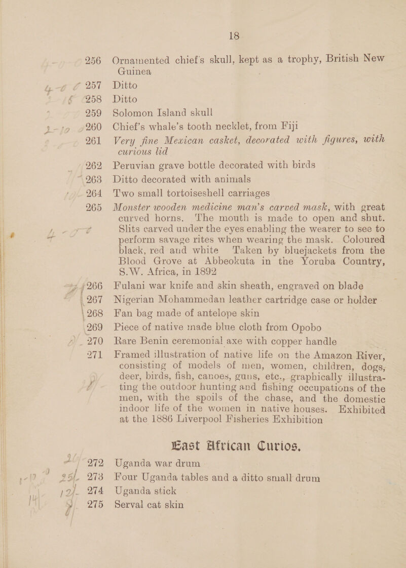 256 258 259 261 262 264 265 | 268 269 271 272 274 275 18 Ornainented chief's skull, kept as a trophy, British New Guinea Ditto Ditto Solomon Island skull Chief’s whale’s tooth necklet, from Fiji Very fine Mexican casket, decorated with figures, with curious hd Peruvian grave bottle decorated with birds Ditto decorated with animals Two small tortoiseshell carriages Monster wooden medicine man’s carved mask, with great curved horns. ‘The mouth is made to open and shut. Slits carved under the eyes enabling the wearer to see to: perform savage rites when wearing the mask. Coloured black, red and white Taken by bluejackets from the Blood Grove at Abbeokuta in the Yoruba Country, §.W. Africa, in 1892 Fulani war knife and skin sheath, engraved on blade Nigerian Mohammedan leather cartridge case or holder | Fan bag made of antelope skin | Piece of native made blue cloth from Opobo Rare Benin ceremonial axe with copper handle | Framed illustration of native life on the Amazon River, consisting of models of men, women, children, dogs, deer, birds, fish, canoes, guus, etc., graphically illustra- ting the outdoor hunting and fishing occupations of the men, with the spoils of the chase, and the domestic indoor life of the women in native houses. Exhibited at the 1886 Liverpool Fisheries Exhibition Kast Hfrican Curios, Uganda war drum Four Uganda tables and a ditto small drum Uganda stick Serval cat skin