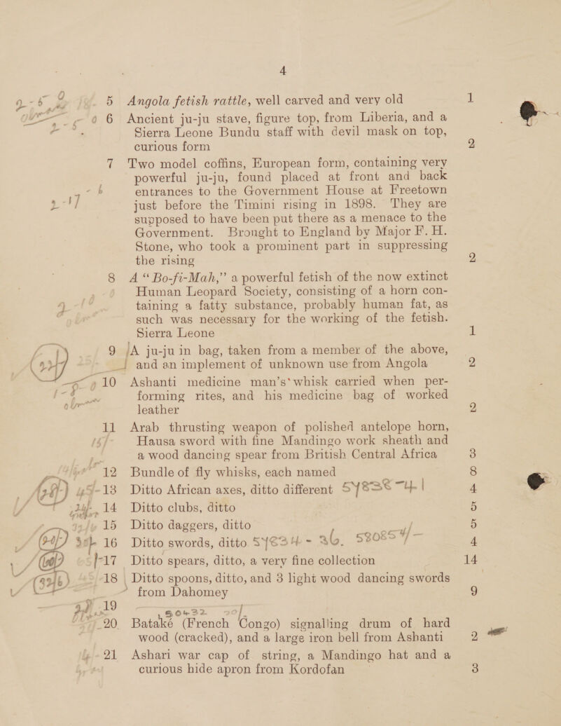 bat a ; f) 6 fn 7 8 4 AP HL our % 11 Higa 12, 6) yy-13 WS Dif T 14 4 Ancient ju-ju stave, figure top, from Liberia, and a Sierra Leone Bundu staff with devil mask on top, curious form Two model coffins, European form, containing very powerful ju-ju, found placed at front and back entrances to the Government House at Freetown just before the Timini rising in 1898. They are supposed to have been put there as a menace to the Government. Bronght to England by Major F. H. Stone, who took a prominent part in suppressing the rising A “ Bo-fi-Mah,” a powerful fetish of the now extinct Human Leopard Society, consisting of a horn con- taining a fatty substance, probably human fat, as such was necessary for the working of the fetish. Sierra Leone JA ju-ju in bag, taken from a member of the above, Ashanti medicine man’s*whisk carried when per- forming rites, and his medicine bag of worked leather Arab thrusting weapon of polished antelope horn, Hausa sword with fine Mandingo work sheath and a wood dancing spear from British Central Africa Bundle of fly whisks, each named Ditto African axes, ditto different SYRSE UY | Ditto clubs, ditto Ditto daggers, ditto j EET Ditto swords, ditto. SYS34 - 3. s308s Ditto spears, ditto, a very fine collection Ditto spoons, ditto, and 3 light wood dancing swords * from Dahomey ) § O% 32. ZO}. Bataké (French Gongo) signalling drum of hard wood (cracked), and a large iron bell from Ashanti Ashari war cap of string, a Mandingo hat and a curious hide apron from Kordofan Hm Or Or HB CO W 