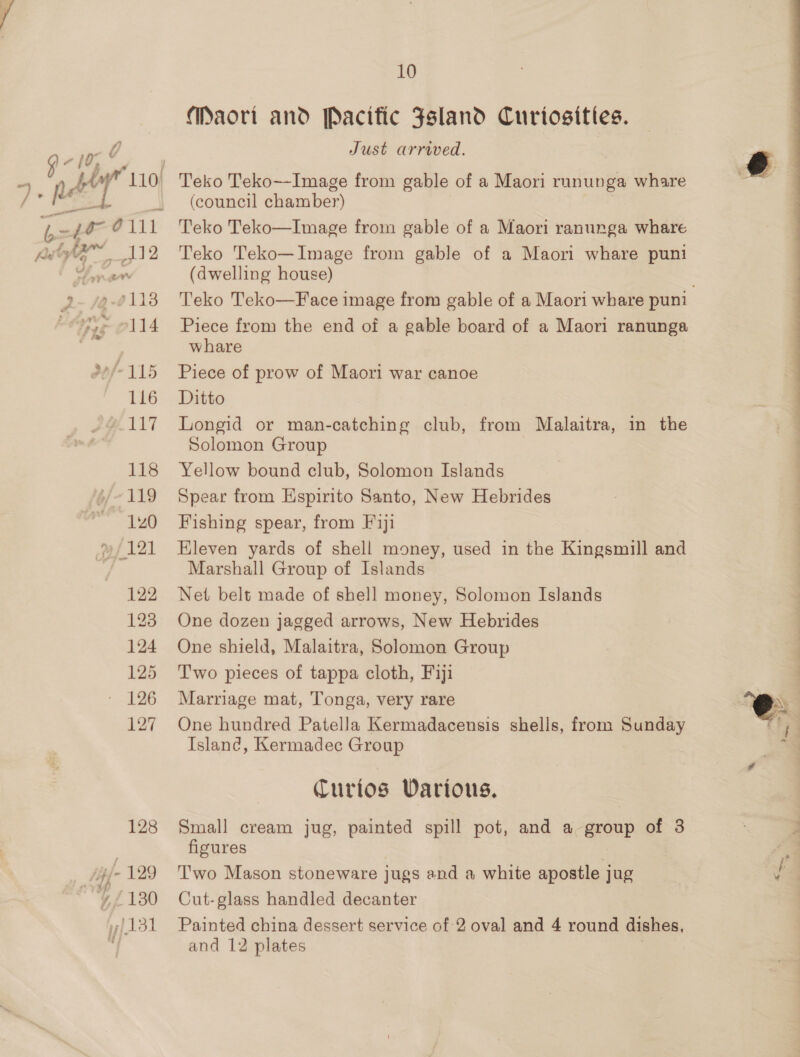 pb ). fle Liye us ae J- 14-0113 Pug oll do/- 115 116 #117 118 119 120 /121 122 123 124 125 127 128 jpf- 129 130 [131 10 Maort and Pacific Fsland Curiosities. Just arrived. Teko Teko—-Image from gable of a Maori rununga whare (council chamber) Teko Teko—Image from gable of a Maori ranunga whare Teko Teko—Image from gable of a Maori whare puni (dwelling house) Teko Teko—Face image from gable of a Maori whare puni . Piece from the end of a gable board of a Maori ranunga whare Piece of prow of Maori war canoe Ditto Longid or man-catching club, from Malaitra, in the Solomon Group Yellow bound club, Solomon Islands Spear from Espirito Santo, New Hebrides Fishing spear, from Fiji Eleven yards of shell money, used in the Kingsmill and Marshall Group of Islands Net belt made of shell money, Solomon Islands One dozen jagged arrows, New Hebrides One shield, Malaitra, Solomon Group Two pieces of tappa cloth, Fiji Marriage mat, Tonga, very rare One hundred Patella Kermadacensis shells, from Sunday Islanc, Kermadec Group Curios Warious. Small cream jug, painted spill pot, and a group of 3 figures Two Mason stoneware jugs and a white apostle j jug Cut-glass handled decanter Painted china dessert service of 2 oval and 4 round dishes, and 12 plates  