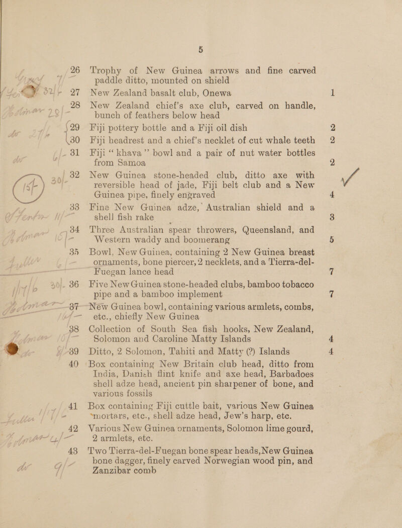  Trophy of New Guinea arrows and fine carved paddle ditto, mounted on shield New Zealand basalt club, Onewa New Zealand chief's axe club, carved on handle, bunch of feathers below head Fiji pottery bottle and a Fiji oil dish Fiji headrest and a chief’s necklet of cut whale teeth Fiji “ khava’’ bowl and a pair of nut water bottles from Samoa New Guinea stone-headed club, ditto axe with reversible head of jade, Fiji belt club and a New Guinea pipe, finely engraved Fine New Guinea adze, Australian shield and a shell fish rake Three Australian spear throwers, Queensland, and Western waddy and boomerang Bowl, New Guinea, containing 2 New Guinea breast ornaments, bone piercer, 2 necklets, and a Tierra-del- - Fuegan lance head Five New Guinea stone-headed clubs, bamboo tobacco pipe and a bamboo implement New Guinea bowl, containing various armlets, combs, etc., chiefly New Guinea Collection of South Sea fish hooks, New Zealand, Solomon and Caroline Matty Islands Ditto, 2 Solomon, Tahiti and Matty (?) Islands India, Danish flint knife and axe head, Barbadoes shell adze head, ancient pin sharpener of bone, ane various fossils Box containing Fiji cuttle bait, various New (hile te ‘mortars, ete., shell adze head, Jew’s harp, etc. Various New Guinea ornaments, Solomon lime gourd, 2 armlets, etc. Two Tierra-del-Fuegan bone spear heads, New Guinea bone dagger, finely carved Norwegian wood pin, and Zanzibar comb