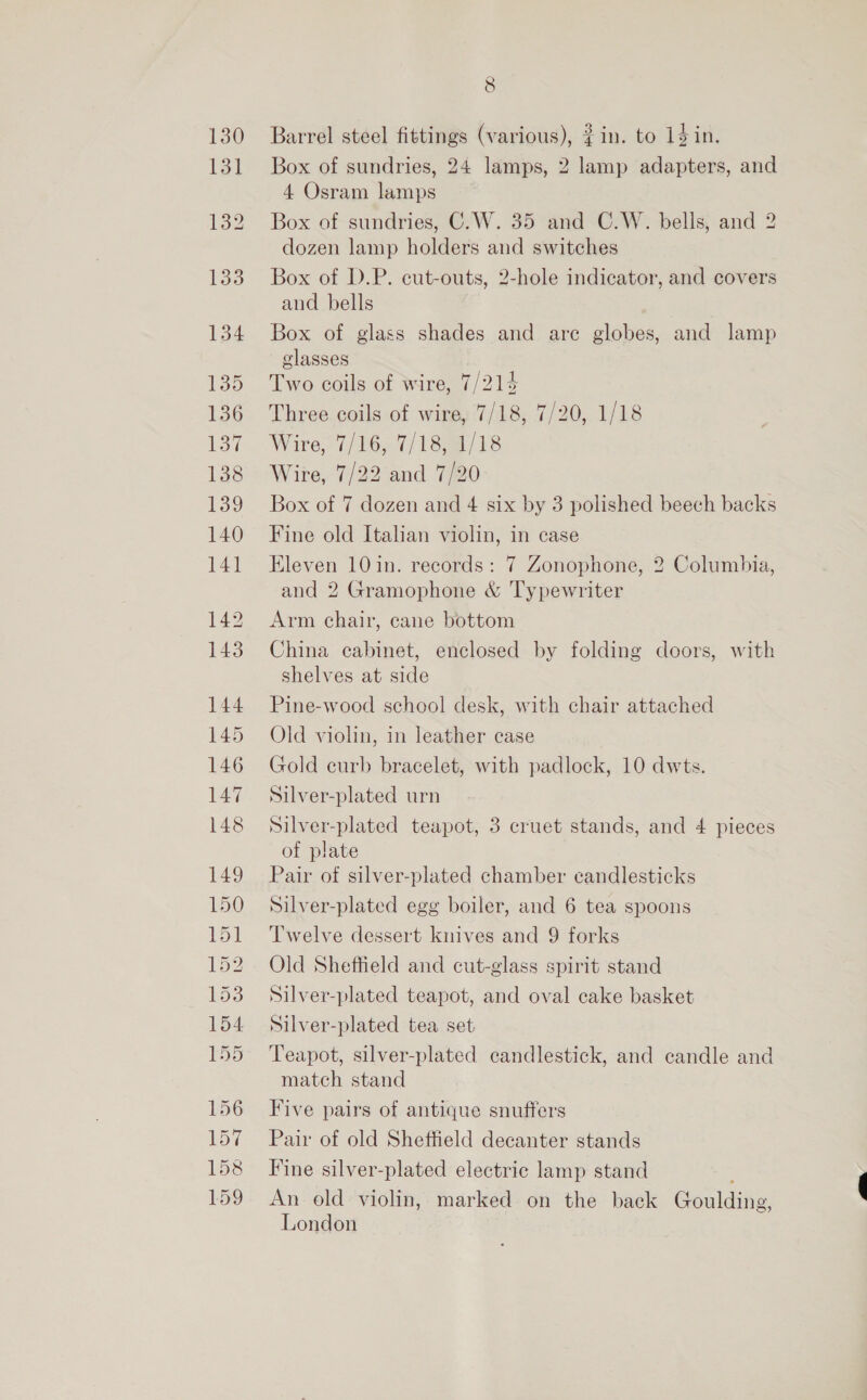 130 131 133 134 135 136 137 138 139 140 141 142 143 144 145 146 147 148 149 150 151 152 153 154 155 156 157 158 159 8 Barrel steel fittings (various), ~ in. to 1$ in. Box of sundries, 24 lamps, 2 lamp adapters, and 4 Osram lamps Box of sundries, C.W. 35 and C.W. bells, and 2 dozen lamp holders and switches Box of D.P. cut-outs, 2-hole indicator, and covers and bells Box of glass shades and are globes, and lamp glasses Two coils of wire, 7/214 Three coils of wire, 7/18, 7/20, 1/18 Wire, 7/16, 7/18, 1/18 Wire, 7/22 and 7/20 Box of 7 dozen and 4 six by 3 polished beech backs Fine old Italian violin, in case Eleven 10in. records: 7 Zonophone, 2 Columbia, and 2 Gramophone &amp; Typewriter Arm chair, cane bottom China cabinet, enclosed by folding doors, with shelves at side Pine-wood school desk, with chair attached Old violin, in leather case Gold curb bracelet, with padlock, 10 dwts. Silver-plated urn Silver-plated teapot, 3 cruet stands, and 4 pieces of plate Pair of silver-plated chamber candlesticks Silver-plated egg boiler, and 6 tea spoons Twelve dessert knives and 9 forks Old Sheffield and cut-glass spirit stand Silver-plated teapot, and oval cake basket Silver-plated tea set: Teapot, silver-plated candlestick, and candle and match stand Five pairs of antique snuffers Pair of old Sheffield decanter stands Fine silver-plated electric lamp stand An old violin, marked on the back Goulding London
