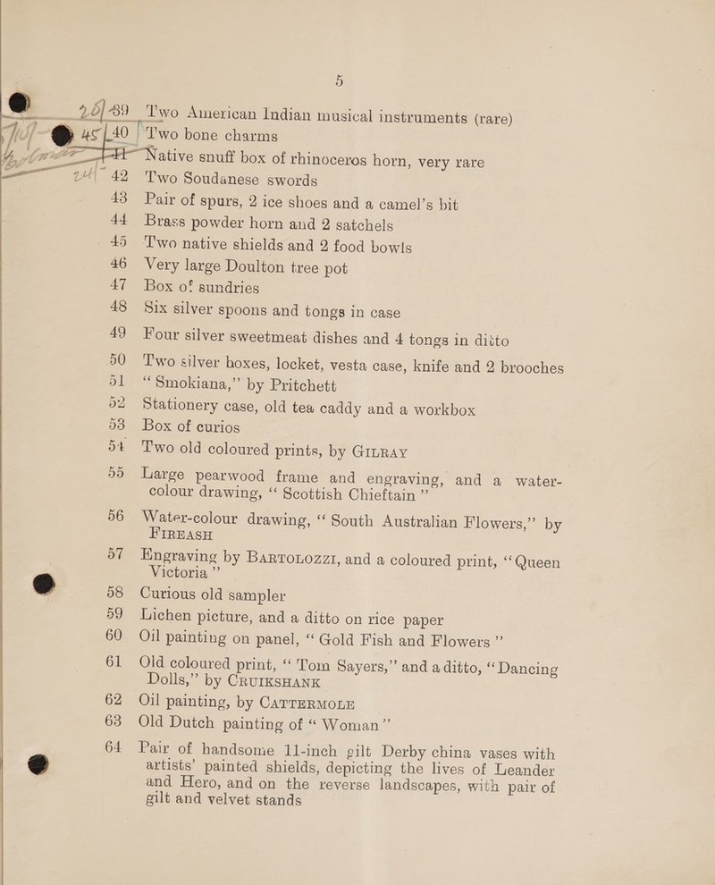  58 59 60 61 62 63 64 5 Two American Indian musical instruments (rare) Two Soudanese swords Pair of spurs, 2 ice shoes and a camel’s bit Brass powder horn and 2 satchels ‘Two native shields and 2 food bowls Very large Doulton tree pot Box of sundries Six silver spoons and tongs in case Four silver sweetmeat dishes and 4 tongs in ditto Two silver boxes, locket, vesta case, knife and 2 brooches “Smokiana,’’ by Pritchett Stationery case, old tea caddy and a workbox Box of curios wo old coloured prints, by GILRAY Large pearwood frame and engraving, and a water- colour drawing, ‘“‘ Scottish Chieftain ”’ Water-colour drawing, ‘‘ South Australian Flowers,” by FIREASH Engraving by BARTOLOzZZI, and a coloured print, “Queen Victoria ”’ Curious old sampler Lichen picture, and a ditto on rice paper Oil painting on panel, “‘ Gold Fish and Flowers ” Old coloured print, ‘‘ Tom Sayers,” and a ditto, ‘‘ Dancing Dolls,” by CRUIKSHANK Oil painting, by CATTERMOLE Old Dutch painting of “ Woman” Pair of handsome 11-inch gilt Derby china vases with artists’ painted shields, depicting the lives of Leander and Hero, and on the reverse landscapes, with pair of silt and velvet stands