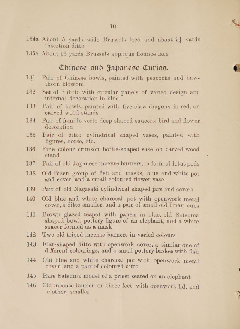 insertion ditto 131 132 138 137 138 139 140 141 142 143 144 145 146 Chinese and Japanese Curtos. Pair of Chinese bowls, painted with peacocks and haw- thorn blossom Set of 2 ditto with circular panels of varied design and internal decoration in blue Pair of bowls, painted with five-claw dragons in red, on carved wood stands Pair of famille verte deep shaped saucers, bird and flower decoration Pair of ditto cylindrical shaped vases, painted with figures, horse, etc. Fine colour crimson bottie-shaped vase on carved wood stand Pair of old Japanese incense burners, in form of lotus pods Old Bizen group of fish and masks, blue and white pot and cover, and a small coloured flower vase Pair of old Nagasaki cylindrical shaped jars and covers Old blue and white charcoal pot with openwork metal cover, a ditto smaller, and a pair of small old Imari cups Brown glazed teapot. with panels in blue, old Satsuma shaped bowl, pottery figure of an elephant, and a white saucer formed asa mask — T'wo old tripod incense burners in varied colours Flat-shaped ditto with openwork cover, a similar one of different colourings, and a small pottery basket with fish Old blue and white charcoal pot with openwork metal cover, and a pair of coloured ditto Rare Satsuma model of a priest seated on an elephant Old incense burner on three feet. with openwork lid, and another, smaller 