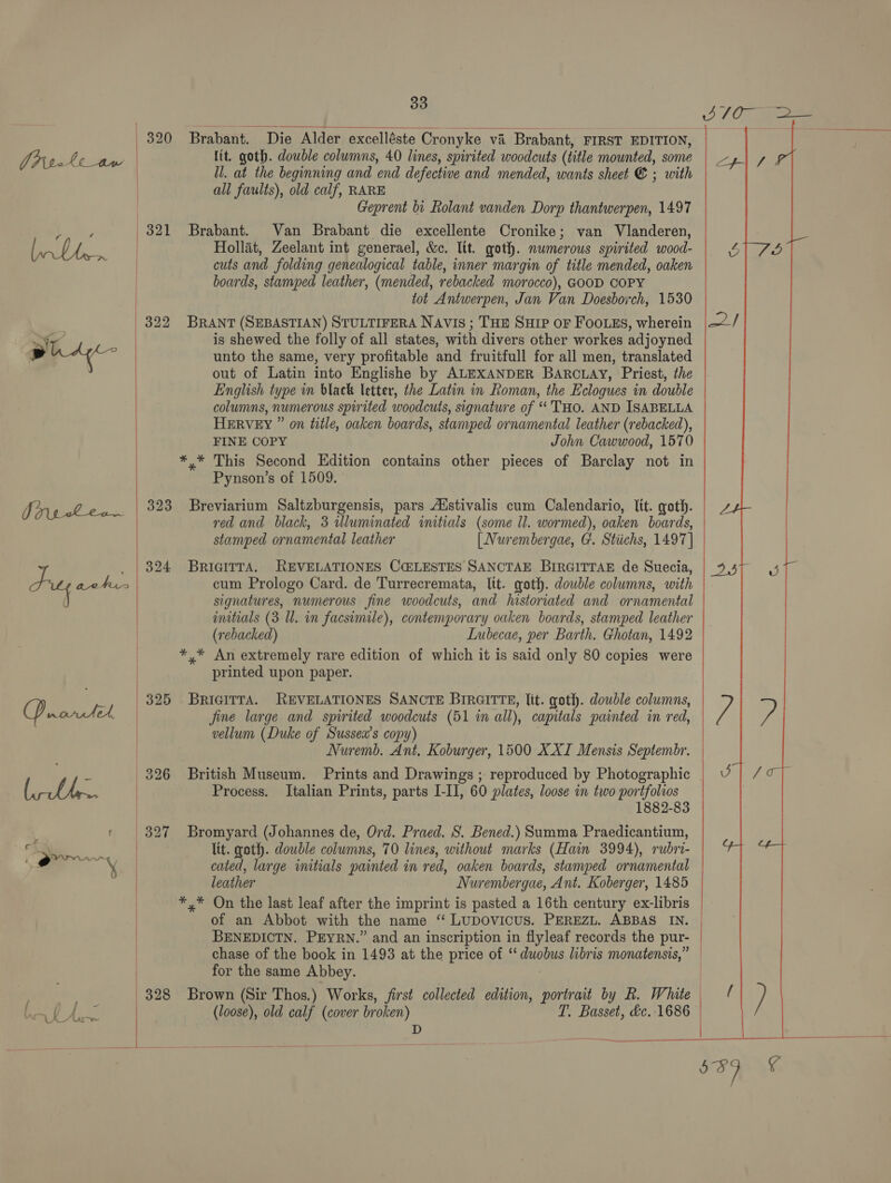  | 320 Brabant. Die Alder excelléste Cronyke va i Brabant, FIRST EDITION, WPinele_aw | lit. goth. double columns, 40 lines, spirited woodcuts (title mounted, some ll. at the beginning and end defective and mended, wants sheet € ; with all faults), old calf, RARE Geprent bi Rolant vanden Dorp thantwerpen, 1497 Bee. 321 Brabant. Van Brabant die excellente Cronike; van Vlanderen, ay a | Hollat, Zeelant int generael, &amp;c. Itt. goth. numerous spirited wood- cuts and folding genealogical table, inner margin of title mended, oaken boards, stamped leather, (mended, rebacked morocco), GOOD COPY tot Antwerpen, Jan Van Doesborch, 1530 322 BRANT (SEBASTIAN) STULTIFERA NAVIS ; THE SHIP OF FOOLES, wherein ah is shewed the folly of all states, with divers other workes adjoyned WA unto the same, very profitable and fruitfull for all men, translated | out of Latin into Englishe by ALEXANDER BARCLAY, Priest, the English type in black letter, the Latin in Roman, the Eclogues in double columns, numerous spirited woodcuts, signature of ‘THO. AND ISABELLA HERVEY ” on title, oaken boards, stamped ornamental leather (rebacked), FINE COPY John Cawwood, 1570 | *,* This Second Edition contains other pieces of Barclay not in Pynson’s of 1509. Jing Le 323 Breviarium Saltzburgensis, pars Austivalis cum Calendario, lit. goth. | red and black, 3 illuminated initials (some ll. wormed), oaken boards, stamped ornamental leather [Nurembergae, G. Stiichs, 1497] cum Prologo Card. de Turrecremata, lit. goth. double columns, with signatures, numerous fine woodcuts, and historiated and ornamental imitials (3 Ul. in facsimile), contemporary oaken boards, stamped leather (rebacked) Lubecae, per Barth. Ghotan, 1492 *,* An extremely rare edition of which it is said only 80 copies were printed upon paper. I _ 324 BRIGITTA. REVELATIONES C@LESTES SANCTAE BIRGITTAE de Suecia, ee 325 BricirraA. REVELATIONES SANCTE BIRGITTE, lit. goth. double columns, Prone | fine large and spirited woodcuts (51 in all), capitals painted in red, vellum (Duke of Sussex’s copy) | Nuremb. Ant. Koburger, 1500 XXI Mensis Septembr.  ae 326 British Museum. Prints and Drawings ; reproduced by Photographic ieee 6 | Process. Italian Prints, parts I-I1, 60 plates, loose in two portfolios 1882-83 , 327 Bromyard (Johannes de, Ord. Praed. S. Bened.) Summa Praedicantium, &lt;S | ltt. goth. double columns, 70 lines, without marks (Hain 3994), rubri- _— &lt; | cated, large initials painted in red, oaken boards, stamped ornamental ) leather Nurembergae, Ant. Koberger, 1485 | *,* On the last leaf after the imprint is pasted a 16th century ex-libris | of an Abbot with the name “ LUDOVICUS. PEREZL. ABBAS IN. | BENEDIOTN. PEYRN.” and an inscription in flyleaf records the pur- chase of the book in 1493 at the price of “ os libris monatensis,” | for the same Abbey. 3 3 a | 328 Brown (Sir Thos.) Works, first collected edition, portrait by R. White ieee fi Da pee (loose), old calf (cover broken) T. Basset, &amp;c.-1686 D 3 LAH“4lare 