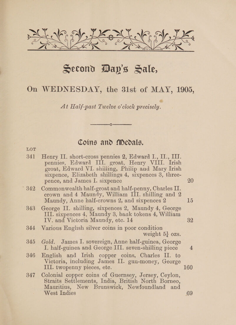  LOT 341 544 345 346 347 Second May's Sale, 5 At Half-past Twelve o'clock precisely.   Coins and Medals. Henry II. short-cross pennies 2, Edward I., IT., IIT. pennies, Edward III. groat, Henry VIII. Ivish groat, Hdward VI. shilling, Philip and Mary Irish sixpence, Elizabeth shillings 4, sixpences 3, three- pence, and James I. sixpence Commonwealth half-groat and half-penny, Charles IT. crown and 4 Maundy, William III. shilling and 2 Maundy, Anne half-crowns 2, and sixpences 2 George II. shilling, sixpences 2, Maundy 4, George III. sixpences 4, Maundy 3, bank tokens 4, William TV. and Victoria Maundy, etc. 14 Various English silver coins in poor condition weight 5} ozs. Gold. James I. sovereign, Anne half-guinea, George I. half-cuinea and George ITI. seven-shilling piece English and Irish copper coins, Charles II. to Victoria, including James II. gun-money, George III. twopenny pieces, etc. Colonial copper coins of Guernsey, Jersey, Ceylon, Straits Settlements, India, British North Borneo, Mauritius, New Brunswick, Newfoundland and West Indies 20 160
