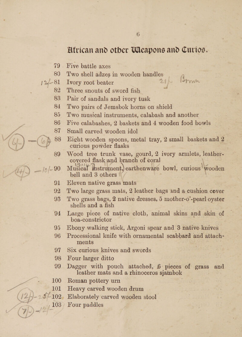 80 82 84 85 86 87 89 OE 92 93 94 96 97 6 Efrican and other Weapons and Curios. T'wo shell adzes in wooden — Ivory root beater = ed BR Three snouts of sword fish Pair of sandals and ivory tusk T'wo pairs of Jemsbok horns on shield Two musical instruments, calabash and another Five calabashes, 2 baskets and 4 wooden food bowls Small carved wooden idol Hight wooden spoons, metal tray, 2 small baskets ane 2. curious powder flasks Wood tree trunk vase, gourd, 2 ivory arnilety, ee covered flask\and branch of coral Mite ueirancut. earthenware bowl, curious ‘Wooden bell and 8 others | Eleven native grass mats Two large grass mats, 2 leather bags and a cushion cover ''wo grass bags, 2 native dresses, 5 mother-o o’-pearl oyster shells and a fish Large piece of native cloth, animal skins and skin of boa-constrictor Ebony walking stick, Argoni spear and 3 native knives Processional knife with ornamental scabbard and attach- ments Six curious knives and swords Four larger ditto leather mats and a rhinoceros sjambok Roman pottery urn Heavy carved wooden drum Elaborately carved wooden stool Four paddles