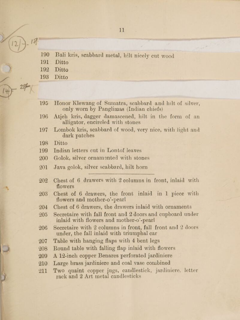  190 192 193 196 197 198 199 200 201 202 203 204 205 206 207 208 209 210 211 a Bali kris, scabbard metal, hilt nicely cut wood Ditto Ditto Ditto Honor Klewang of Sumatra, scabbard and hilt of silver, only worn by Panglimas (Indian chiefs) Atjeh kris, dagger damascened, hilt in the form of an alligator, encircled with stones Lombok kris, scabbard of wood, very nice, with light and dark patches Ditto Indian letters cut in Lontof leaves Golok, silver ornamanted with stones Java golok, silver scabbard, hilt horn Chest of 6 drawers with 2 columns in front, inlaid with flowers Chest of 6 drawers, the front inlaid in 1 piece with flowers and mother-o’-pearl Chest of 6 drawers, the drawers inlaid with ornaments Secretaire with fall front and 2 doors and cupboard under inlaid with flowers and mother-o’-pear! Secretaire with 2 columns in front, fall front and 2 doors under, the fall inlaid with triumphal car Table with hanging flaps with 4 bent legs Round table with falling flap inlaid with flowers A 12-inch copper Benares perforated jardiniere Large brass jardiniere and coal vase combined Two quaint copper jugs, candlestick, jardiniere, letter rack and 2 Art metal candlesticks
