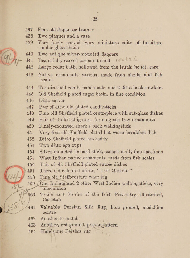 28 437 Fine old Japanese banner 438 Two plaques and a vase 439 Very finely carved ivory miniature suite of furniture under glass shade 440 ‘Two antique silver-mounted daggers = 441 Beautifully carved cocoanut shell !2% &gt;? | 442 large cedar bath, hollowed from the trunk (solid), rare 443 Native ornaments various, made from shells and fish scales  444 Tortoiseshell comb, hand-made, and 2 ditto book markers 445 Old Sheffield plated sugar basin, in fine condition 446 Ditto salver 447 Pair of ditto old plated candlesticks 448 Fine old Sheffield plated centrepiece with cut-glass dishes 449 Pair of stuffed alligators, forming ash tray ornaments 450 Finely-mounted shark’s back walkingstick 451 Very fine old Sheffield plated hot-water breakfast dish 452 Ditto Sheffield plated tea caddy 453 Two ditto egg cups 454 Silver-mounted leopard stick, exceptionally fine specimen 455 West Indian native ornaments, made from fish scales 5 im, 496 Pair of old Sheffield plated entrée dishes , )457 Three old coloured prints, “ Don Quixote ” LEj-# 458 Fine old Staffordshire ware jug Ms 459 One B: Ballata: and 2 other West Indian walkingsticks, very   uncommon “Fi * 160 Traits and Stories of the Irish Peasantry, illustrated, a4 j Carleton M/s Valuable Persian Silk Rug, blue ground, medallion centre 4162 Another to match