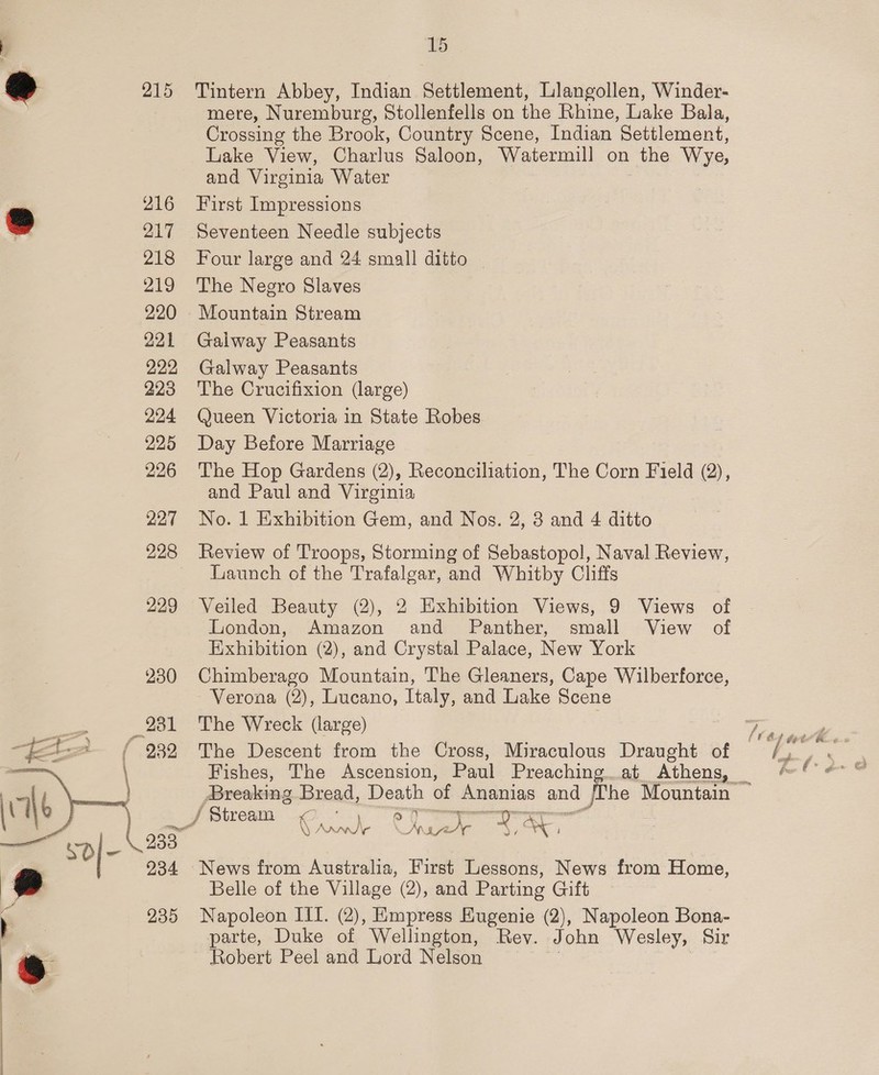 216 ' 217 218 219 220 221 222 223 224 225 226 227 228 229 230 ce 931 Et ff 9399 933 ai | 234 235 15 Tintern Abbey, Indian Settlement, Llangollen, Winder- mere, Nuremburg, Stollenfells on the Rhine, Lake Bala, Crossing the Brook, Country Scene, Indian Settlement, Lake View, Charlus Saloon, Watermill on the Wye, and Virginia Water First Impressions Seventeen Needle subjects Four large and 24 small ditto ~ The Negro Slaves Mountain Stream Galway Peasants Galway Peasants The Crucifixion (large) Queen Victoria in State Robes Day Before Marriage The Hop Gardens (2), Reconciliation, The Corn Field (2), and Paul and Virginia No. 1 Exhibition Gem, and Nos. 2, 3 and 4 ditto Review of Troops, Storming of Sebastopol, Naval Review, Launch of the Trafalgar, and Whitby Cliffs Veiled Beauty (2), 2 Exhibition Views, 9 Views of London, Amazon and Panther, small View of Exhibition (2), and Crystal Palace, New York Chimberago Mountain, The Gleaners, Cape Wilberforce, Verona (2), Lucano, Italy, and Lake Scene The Wreck (large) The Descent from the Cross, Miraculous Draught of Fishes, The Ascension, Paul Preaching..at Athens, OS YA A ry r = / j News from Australia, First Lessons, News from Home, Belle of the Village (2), and Parting Gift Napoleon III. (2), Empress Eugenie (2), Napoleon Bona- parte, Duke of Wellington, Rev. John Wesley, Sir Robert Peel and Lord Nelson