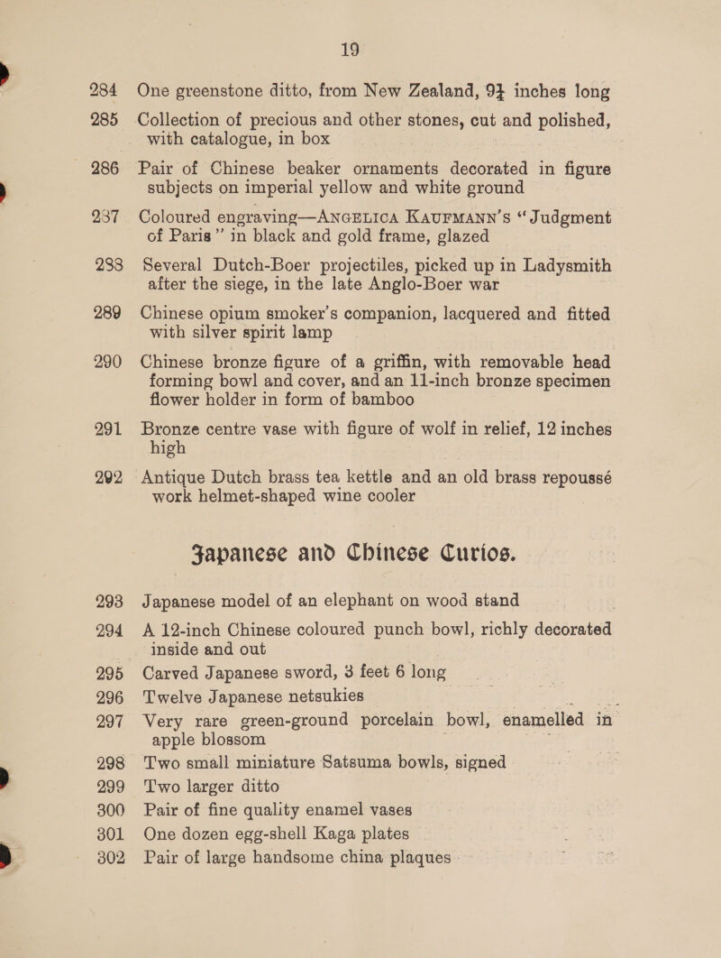 284 285 286 937 288 289 290 291 292 293 294 296 297 299 300 301 002 19 One greenstone ditto, from New Zealand, 9} inches long subjects on imperial yellow and white ground Coloured engraving—ANGELICA KAUFMANN'S “Judgment of Paris” in black and gold frame, glazed Several Dutch-Boer projectiles, picked up in Ladysmith after the siege, in the late Anglo-Boer war Chinese opium smoker's companion, lacquered and fitted with silver spirit lamp Chinese bronze figure of a griffin, with removable head forming bow! and cover, and an 11-inch bronze specimen flower holder in form of bamboo Bronze centre vase with figure of wolf in relief, 12 inches high Antique Dutch brass tea kettle and an old brass EepauRe work helmet-shaped wine cooler Japanese and Chinese Curios. Japanese model of an elephant on wood stand A 12-inch Chinese coloured punch bowl, richly decorated | inside and out | Carved Japanese sword, 3 feet 6 long Twelve Japanese netsukies Very rare green-ground porcelain bowl, enamelled in apple blossom Two small miniature Satsuma bowls, signed Two larger ditto Pair of fine quality enamel vases One dozen egg-shell Kaga plates Pair of large handsome china plaques
