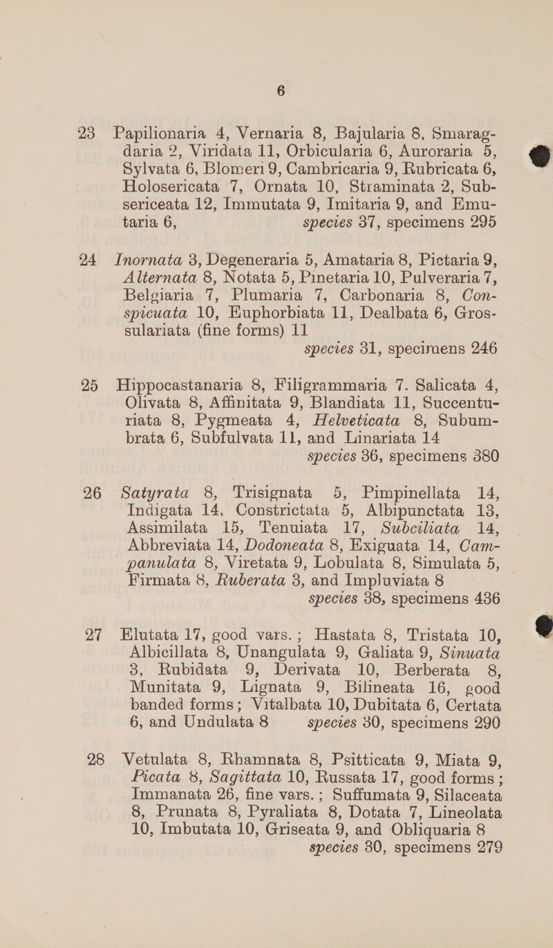 23 24 25 26 27 28 6 Papilionaria 4, Vernaria 8, Bajularia 8, Smarag- daria 2, Viridata 11, Orbicularia 6, Auroraria 5, Sylvata 6, Blomeri 9, Cambricaria 9, Rubricata 6, Holosericata 7, Ornata 10, Straminata 2, Sub- sericeata 12, Immutata 9, Imitaria 9, and Emu- taria 6, species 37, specimens 295 Inornata 3, Degeneraria 5, Amataria 8, Pictaria 9, Alternata 8, Notata 5, Pinetaria 10, Pulveraria 7, Belgiaria 7, Plumaria 7, Carbonaria 8, Con- spicuata 10, Euphorbiata 11, Dealbata 6, Gros- sulariata (fine forms) 11 species 31, specimens 246 Hippocastanaria 8, Filigrammaria 7. Salicata 4, Olivata 8, Affinitata 9, Blandiata 11, Succentu- riata 8, Pyemeata 4, Helveticata 8, Subum- brata 6, Subfulvata Li. and Linariata 14 species 36, specimens 380 Satyrata 8, Trisignata 5, Pimpinellata 14, Indigata 14, Constrictata 5, Albipunctata 18, Assimilata 15, Tenuiata 17, Subciliata 14, Abbreviata 14, Dodoneata 8, Exiguata 14, Cam- panulata 8, Viretata 9, Lobulata 8, Simulata 5, Firmata 8, Ruberata 3, and Impluviata 8 species 38, specimens 436 Hlutata 17, good vars.; Hastata 8, Tristata 10, Albicillata 8, Unangulata 9, Galiata 9, Sinwata 3, Rubidata 9, Derivata 10, Berberata 8, Munitata 9, Lignata 9, Bilineata 16, good banded forms; Vitalbata 10, Dubitata 6, Certata 6, and Undulata 8 species 30, specimens 290 Vetulata 8, Rhamnata 8, Psitticata 9, Miata 9, Picata 8, Sagittata 10, Ruseata 17, good forms ; Immanata 26, fine vars. ; Suffumata 9, Silaceata 8, Prunata 8, Pyraliata 8, Dotata 7, ‘Lineolata 10, Imbutata 10, Griseata 9, and Obliquaria 8 species 30, specimens 279  
