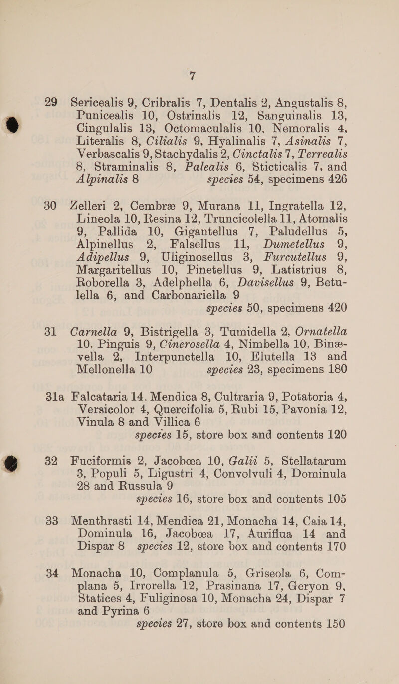 29 Sericealis 9, Cribralis 7, Dentalis 2, Angustalis 8, Punicealis 10, Ostrinalis 12, Sanguinalis 13, Cingulalis 13, Octomaculalis 10, Nemoralis 4, Literalis 8, Cialis 9, Hyalinalis 7, Asinalis 7, Verbascalis 9, Stachydalis 2, Conctalis 7, Terrealis 8, Straminalis 8, Palealis 6, Sticticalis 7, and Alpinalis 8 species 54, specimens 426 30 Gelleri 2, Cembre 9, Murana 11, Ingratella 12, Lineola 10, Resina 12, Truncicolella 11, Atomalis 9, Pallida 10, Gigantellus 7, Paludellus 5, Alpinellus 2, Falsellus 11, Dumetellus 9, Adipellus 9, Uliginosellus 8, Furcutellus 9, Margaritellus 10, Pinetellus 9, Latistrius 8, Roborella 8, Adelphella 6, Davisellus 9, Betu- lella 6, and Carbonariella 9 species 50, specimens 420 31 Carnella 9, Bistrigella 3, Tumidella 2, Ornatella 10, Pinguis 9, Cinerosella 4, Nimbella 10, Bine- vella 2, Interpunctella 10, Elutella 18 and Mellonella 10 species 23, specimens 180 3la Falcataria 14. Mendica 8, Cultraria 9, Potatoria 4, Versicolor 4, Quercifolia 5, Rubi 15, Pavonia 12, Vinula 8 and Villica 6 spectes 15, store box and contents 120 32 Fuciformis 2, Jacobea 10, Galit 5, Stellatarum 8, Populi 5, Ligustri 4, Convolvuli 4, Dominula 28 and Russula 9 species 16, store box and contents 105 33. Menthrasti 14, Mendica 21, Monacha 14, Caia 14, Dominula 16, Jacoboea 17, Auriflua 14 and Dispar 8 species 12, store box and contents 170 34 Monacha 10, Complanula 5, Griseola 6, Com- plana 5, Irrorella 12, Prasinana 17, Geryon 9, Statices 4, Fuliginosa 10, Monacha 24, Dispar 7 and Pyrina 6