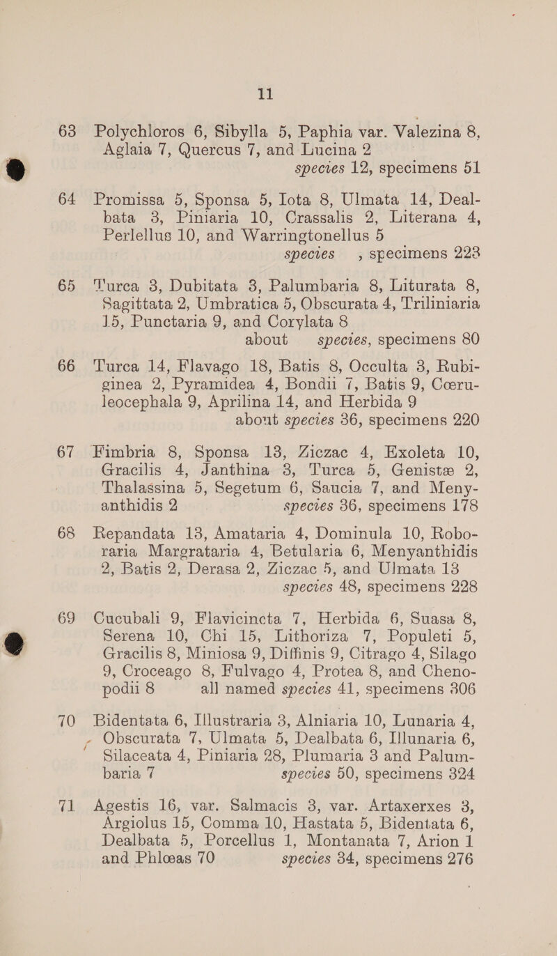 63 64 65 66 67 68 69 70 11 Polychloros 6, Sibylla 5, Paphia var. Valezina 8, Aglaia 7, Quercus 7, and Lucina 2 3 species 12, specimens 51 Promissa 5, Sponsa 5, Iota 8, Ulmata 14, Deal- bata 38, Piniaria 10, Crassalis 2, Literana 4, Perlellus 10, and Warringtonellus 5 species , specimens 228 Turca 3, Dubitata 3, Palumbaria 8, Liturata 8, Sagittata 2, Umbratica 5, Obscurata 4, Triliniaria 15, Punctaria 9, and Corylata 8 about species, specimens 80 Turca 14, Flavago 18, Batis 8, Occulta 3, Rubi- ginea 2, Pyramidea 4, Bondi 7, Batis 9, Coeru- leocephala 9, Aprilina 14, and Herbida 9 about species 36, specimens 220 Fimbria 8, Sponsa 138, Ziczac 4, Exoleta 10, Gracilis 4, Janthina 8, Turca 5, Genistx 2, Thalassina 5, Segetum 6, Saucia 7, and Meny- anthidis 2 species 36, specimens 178 Repandata 13, Amataria 4, Dominula 10, Robo- raria Marerataria 4, Betularia 6, Menyanthidis 2, Batis 2, Derasa 2, Ziczac 5, and Ulmata 13 species 48, specimens 228 Cucubali 9, Flavicincta 7, Herbida 6, Suasa 8, serena 10, Chi 15, Lithoriza 7, Populeti 5, Gracilis 8, Miniosa 9, Diffinis 9, Citrago 4, Silago 9, Croceago 8, Fulvago 4, Protea 8, and Cheno- podi 8 all named species 41, specimens 806 Bidentata 6, Illustraria 3, Alniaria 10, Lunaria 4, Silaceata 4, Piniaria 28, Plumaria 3 and Palum- baria 7 species 50, specimens 324 Agestis 16, var. Salmacis 3, var. Artaxerxes 3, Argiolus 15, Comma 10, Hastata 5, Bidentata 6, Dealbata 5, Porcellus 1, Montanata 7, Arion 1 and Phloeas 70 species 34, specimens 276