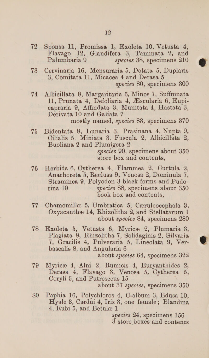 73 74 76 17 78 79 80 12 Flavago 12, Glandifera 3, Taminata 2, and Palumbaria 9 species 38, specimens 210 Cervinaria 16, Mensuraria 5, Dotata 5, Duplavis 3, Comitata 11, Micacea 4 and Derasa 5 species 80, specimens 300 Albicillata 8, Margaritaria 6, Minos 7, Suffumata 11, Prunata 4, Defoliaria 4, Aiscularia 6, Eupi- capraria 9, Affindata 3, Munitata 4, Hastata 3, Derivata 10 and Galiata 7 mostly named, species 83, specimens 370 Bidentata 8, Lunaria 3, Prasinana 4, Nupta 9, Cilialis 5, Miniata 3, Fuscula 2, Albicillata 2, Buoliana 2 and Plumigera 2 species 90, specimens about 350 store box and contents, Herbida 6, Cytherea 4, Flammea 2, Curtula 2, Anachoreta 5, Reclusa 9, Venosa 2, Dominula 7, Straminea 9,.Polyodon 3 black forms and Pudo- rina 10 species 88, specimens about 350 book box and contents, Chamomille 5, Umbratica 5, Cwruleocephala 3, Oxyacanthe 14, Rhizolitha 2, and Stellatarum 1 about species 84, specimens 280 Exoleta 5, Vetusta 6, Myrice 2, Plumaria 3, Plagiata 8, Rhizolitha 7, Solidaginis 2, Gilvaria 7, Gracilis 4, Pulveraria 5, Lineolata 9, Ver- bascalis 8, and Angularia 6 about species 64, specimens 322 Myrice 4, Alni 2, Rumicis 4, Euryanthides 2, Derasa 4, Flavago 8, Venosa 5, Cytherea 5, Coryli 5, and Putresceus 15 about 37 species, specimens 350 Paphia 16, Polychloros 4, C-album 3, Edusa 10, Hyale 3, Cardui 4, Iris 3, one female; Blandina 4, Rubi 5, and Betule 1 3 species 24, specimens 156 3 store boxes and contents  