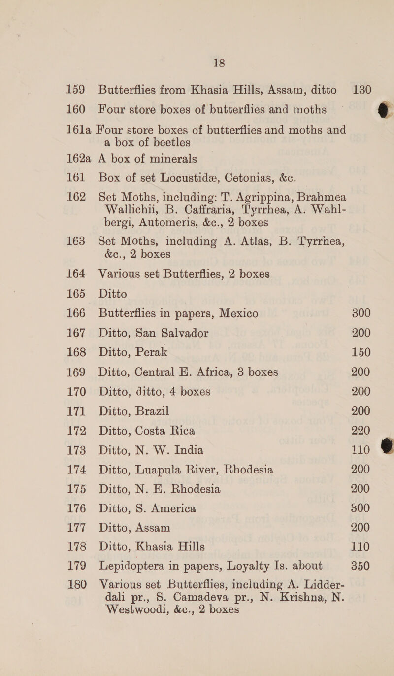 159 Butterflies from Khasia Hills, Assam, ditto 130 160 Four store boxes of butterflies and moths @ 16la Four store boxes of butterflies and moths and a box of beetles 162a A box of minerals 161 Box of set Locustide, Cetonias, &amp;c. 162 Set Moths, including: T. Agrippina, Brahmea Wallichii, B. Caffraria, Tyrrhea, A. Wahl- bergi, Automeris, &amp;c., 2 boxes 163 Set Moths, including A. Atlas, B. Tyrrhea,    &amp;c., 2 boxes 164 Various set Butterflies, 2 boxes 165 Ditto 166 Butterflies in papers, Mexico 300 167 Ditto, San Salvador 200 168 Ditto, Perak 150 169 Ditto, Central E. Africa, 3 boxes 200 170 Ditto, ditto, 4 boxes 200 171 Ditto, Brazil 200 172 Ditto, Costa Rica 220 173 Ditto, N. W. India 110 174 Ditto, Luapula River, Rhodesia 200 175 Ditto, N. E. Rhodesia 200 176 Ditto, S. America 300 177 Ditto, Assam 200 178 Ditto, Khasia Hills 110 179 Lepidoptera in papers, Loyalty Is. about 350 180 Various set Butterflies, including A. Lidder- dali pr., S. Camadeva pr., N. Krishna, N. Westwoodi, &amp;c., 2 boxes