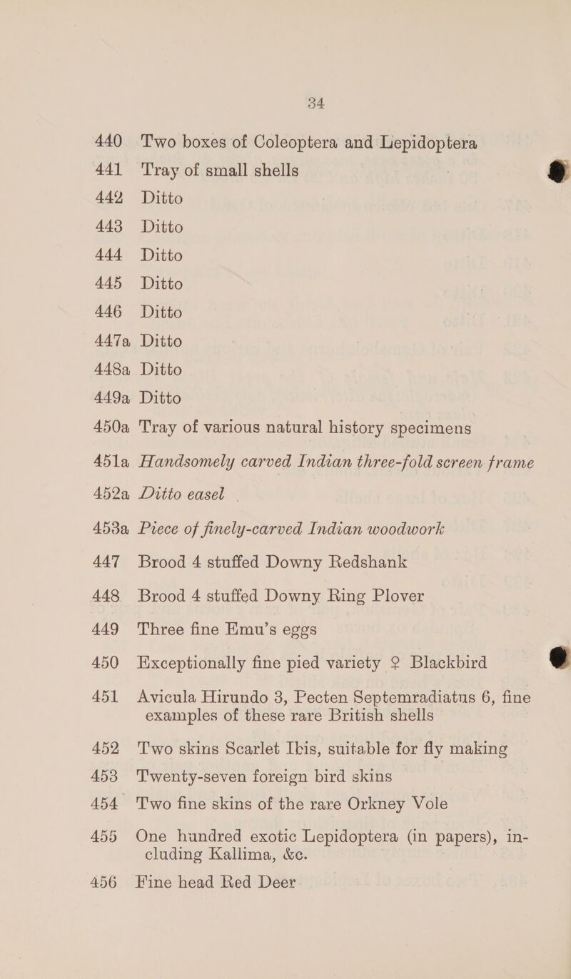 440 Two boxes of Coleoptera and Lepidoptera 441 ‘Tray of small shells 7 i J 442 Ditto 443 Ditto 444 Ditto 445 Ditto 446 Ditto 447a, Ditto 448a, Ditto 449a Ditto 450a Tray of various natural history specimens 451a Handsomely carved Indian three-fold screen frame 452a Ditto easel | 453a Pvrece of finely-carved Indian woodwork 447 Brood 4 stuffed Downy Redshank 448 Brood 4 stuffed Downy Ring Plover 449 Three fine Emu’s eggs 450 Exceptionally fine pied variety 2 Blackbird s 451 Avicula Hirundo 3, Pecten Septemradiatus 6, fine examples of these rare British shells 452 'Two skins Scarlet Ibis, suitable for fly making 453 Twenty-seven foreign bird skins 454 Two fine skins of the rare Orkney Vole 455 One hundred exotic Lepidoptera (in papers), in- cluding Kallima, &amp;e. 456 Fine head Red Deer