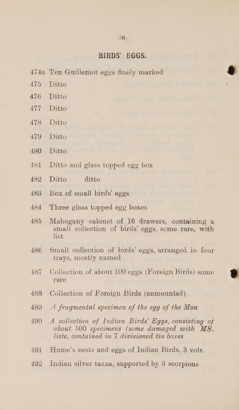 BIRDS’ EGGS. 475 476 ATT 478 479 480 481 482 483 484 485 486 187 488 489 490 491 492 Ditto Ditto Ditto Ditto Ditto Ditto Ditto and glass topped egg box Ditto ditto Box of small birds’ eggs Three glass topped egg boxes Mahogany cabinet of 16 drawers, containing a hy collection of birds’ eggs, some rare, with Small collection of birds’ eggs, arranged in four trays, mostly named Collection of about 100 eggs (Foreign Birds) some rare Collection of Foreign Birds (unmounted) A fragmental specimen of the egg of the Moa A collection of Indian Birds’ Eggs, consisting of about 500 specimens (some damaged with MS. lists, contained in 7 divisioned ton boxes Hume’s nests and eggs of Indian Birds, 8 vols Indian silver tazza, supported by 3 scorpions  