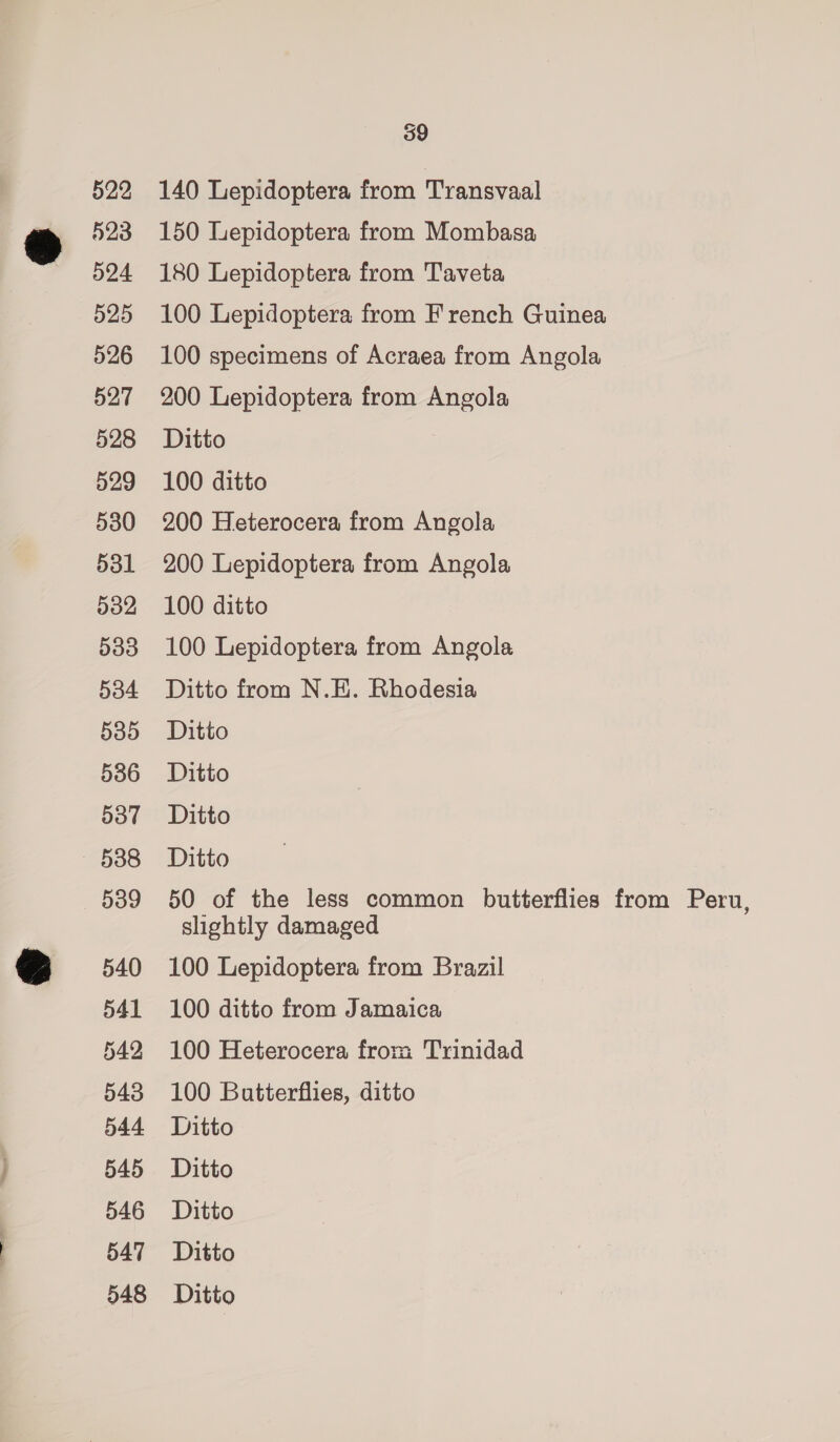523 524 525 526 527 528 529 530 531 532 533 534 535 536 537 538 539 540 541 542 543 544 545 546 547 548 39 150 Lepidoptera from Mombasa 180 Lepidoptera from Taveta 100 Lepidoptera from French Guinea 100 specimens of Acraea from Angola 200 Lepidoptera from Angola Ditto 100 ditto 200 Heterocera from Angola 200 Lepidoptera from Angola 100 ditto 100 Lepidoptera from Angola Ditto from N.E. Rhodesia Ditto Ditto Ditto Ditto 50 of the less common butterflies from Peru, slightly damaged 100 Lepidoptera from Brazil 100 ditto from Jamaica 100 Heterocera from Trinidad 100 Butterflies, ditto Ditto Ditto Ditto Ditto Ditto