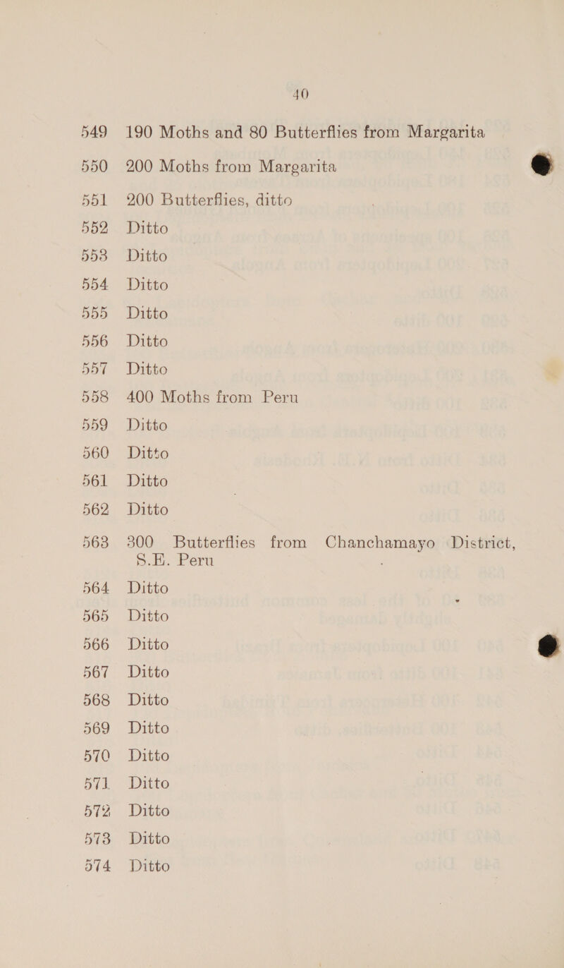 549 190 Moths and 80 Butterflies from Margarita 550 200 Moths from Margarita oe 551 200 Butterflies, ditto 552 Ditto 553 Ditto 554. Ditto 555 - Ditto 556 Ditto 557 =Ditto 558 400 Moths from Peru 559 Ditto 560 Ditto 561 Ditto 562 Ditto K 563 300 Butterflies from Chanchamayo District, S.H. Peru . 564 Ditto 565 Ditto 566 Ditto s 567 Ditto 568 Ditto 569 Ditto 570 Ditto 571 Ditto 572, Ditto 573 Ditto Ditto  Gr ~] 1