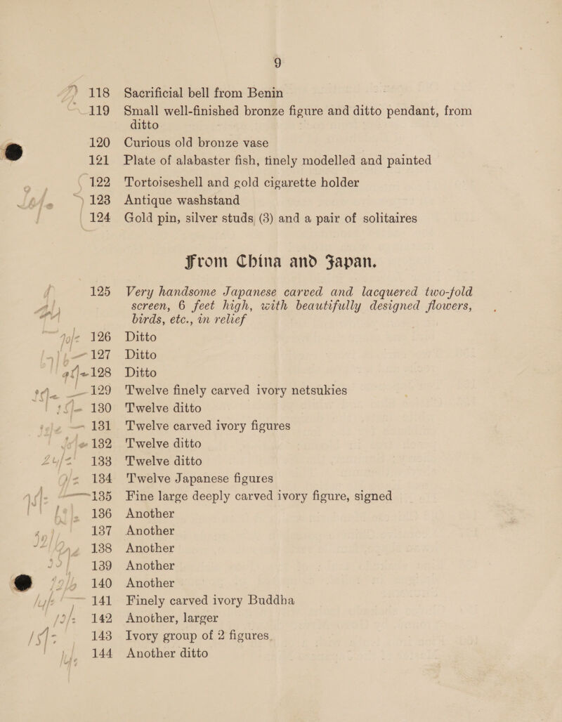 118 119 120 121 - 122 ~ 128 124 125 - 126 @ 4) ~t 499 - 131 ye 132 136 137 138 139 140 141 142 143 144 9 Sacrificial bell from Benin Small well-finished bronze figure and ditto pendant, from ditto 7 Curious old bronze vase Plate of alabaster fish, tinely modelled and painted Tortoiseshell and gold cigarette holder Antique washstand Gold pin, silver studs (3) and a pair of solitaires Srom China and Japan. Very handsome Japanese carved and lacquered two-fold screen, 6 feet high, with beautifully designed flowers, birds, etc., in relief Ditto Ditto Ditto Twelve finely carved ivory netsukies Twelve ditto Twelve carved ivory figures Twelve ditto Twelve ditto Twelve Japanese figures Fine large deeply carved ivory figure, signed Another Another Another Another Another Finely carved ivory Buddha Another, larger Ivory group of 2 figures. Another ditto