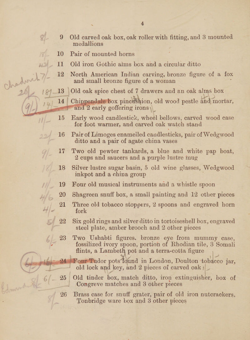 9 Old carved oak box, oak roller with fitting, and 3 mounted medallions 10 Pair of mounted horns | 11 Old iron Gothic alms box and a circular ditto i2 North American Indian carving, bronze figure of a fox and small bronze figure of a woman 183 | Old oak spice chest of c drawers and an oak alms box  ve) Chipp ondaile box pinei8hion, old wood pestle we mortar, eee ar aly soffering irons \    15 Early wood candlesticx, en bellows, carved a case for foot warmer, and carved oak watch stand 16 Pair of Limoges enamelled candlesticks, pair of Wedgwood ditto and a pair of agate china vases 17 Two old pewter tankards, a blue and white pap boat, 2 cups and saucers and a purple lustre mug 18 Silver lustre sugar basin, 5 old wine glasses, eee inkpot and a china group 19 Four old musical instruments and a whistle spoon 20 Shagreen snuff box, a small painting and 12 other pieces ,/ 21 Three old tobacco stoppers, 2 spoons and engraved horn “T |< fork 22 Six goldrings and silver ditto in tortoiseshell box, engraved steel plate, amber brooch and 2 other pieces 23 Two Ushabti figures, bronze eye from mummy case, o fossilized ivory spoon, portion of Rhodian tile, 3 Somali _ flints, a Lambeth pot and a terra-cotta figure ohio onxeEu dor potsta and in London, Doulton - tab jar, : : . me oa I old lock and key, nd 2 pieces of eed oak }|   6/— 25 | Old tinder box, match ditto, iron odtingusdibe box of _ | Congreve matches and 3 other pieces 96 Brass case for snuff erater, pair of old iron nutcrackers, Tonbridge ware box and 3 other pieces