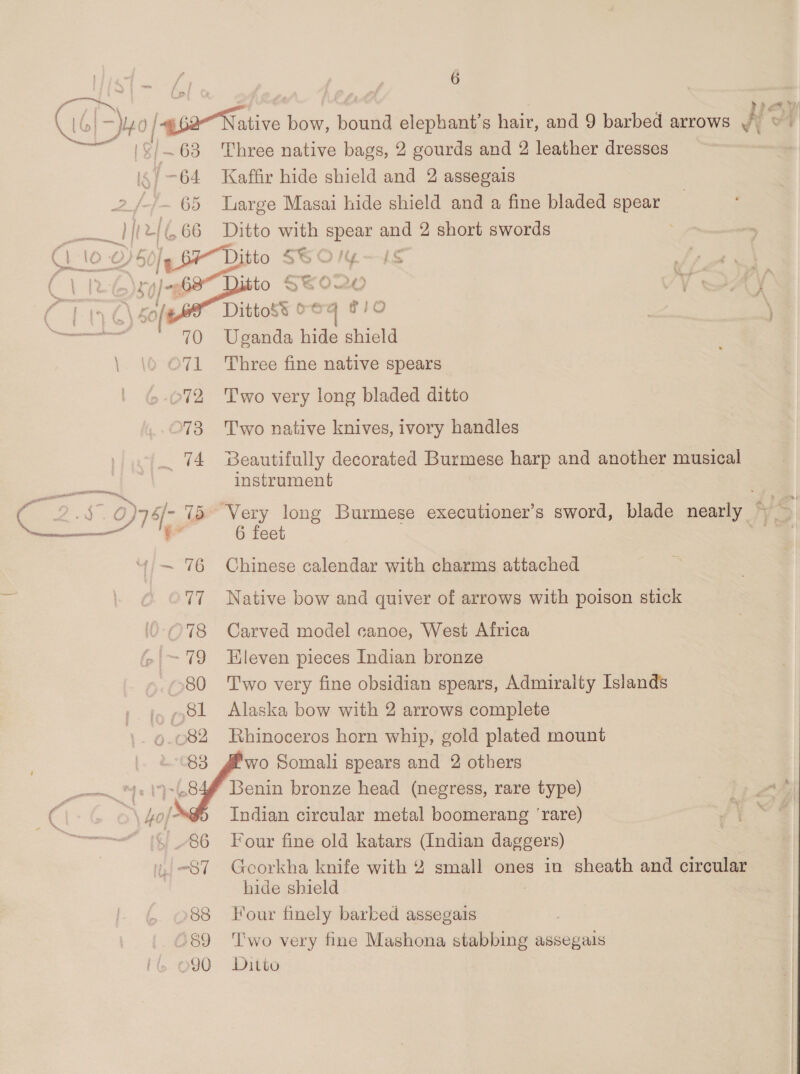 Gp | 462-Native bow, bound elephant’s hair, and 9 barbed arrows HH ? ~~ |&amp;/~63 Three native bags, 2 gourds and 2 leather dresses | i§/ -64 Kaffir hide shield and 2 assegais 2 /-/~ 65 large Masai hide shield and a fine bladed spear oe ul = Ditto with Lie and 2, short swords : A &amp; eC ore 24)    ra 3 Dittoss &amp;@q TIO eee en 70 Uganda hide shield \ \0 O71 Three fine native spears 72, Two very long bladed ditto 73 Two native knives, ivory handles 74 Beautifully decorated Burmese harp and another musical instrument ee F ‘ aaa 0)75[- 15 Very long Burmese executioner’s sword, blade nearly” —— 6 feet “4; —~ 76 Chinese calendar with charms attached = 77 Native bow and quiver of arrows with poison stick 78 Carved model canoe, West Africa ~- 179 Eleven pieces Indian bronze | ‘580 Two very fine obsidian spears, Admiralty Islands » jy, 81 Alaska bow with 2 arrows complete | } i {  0.082 Rhinoceros horn whip, gold plated mount | wo Somali spears and 2 others 7 ™ Benin bronze head (negress, rare type) ¢ 5 4o/*$5 Indian circular metal boomerang ‘rare) ee aren \ 86 Four fine old katars (Indian daggers) | 87 Gcorkha knife with 2 small ones in sheath and circular | hide shield 88 Four finely barked assegais : ‘89 ‘Two very fine Mashona stabbing assegais 090 Ditto  