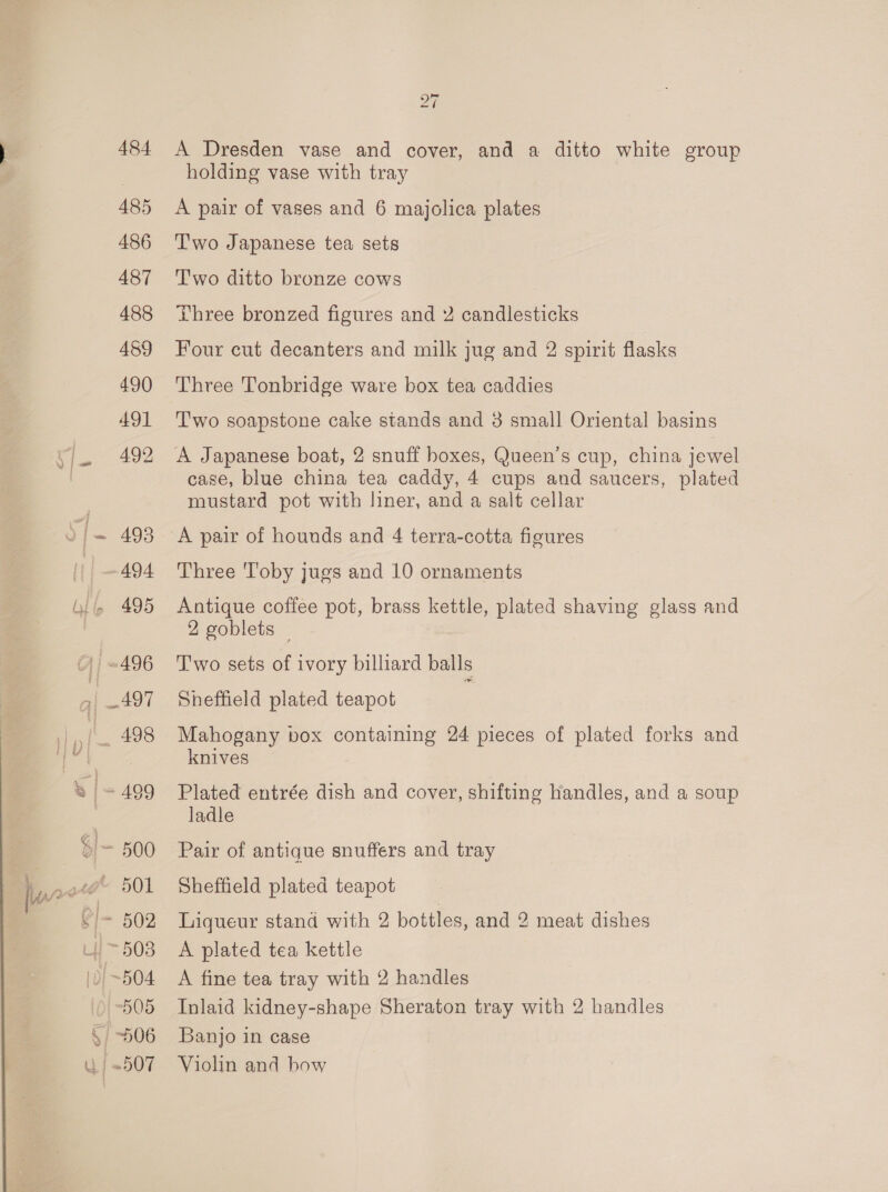 “i. i. 27 A Dresden vase and cover, and a ditto white group holding vase with tray A pair of vases and 6 majolica plates T'wo Japanese tea sets Two ditto bronze cows Three bronzed figures and 2 candlesticks Four cut decanters and milk jug and 2 spirit flasks Three Tonbridge ware box tea caddies Two soapstone cake stands and 3 small Oriental basins A Japanese boat, 2 snuff boxes, Queen’s cup, china jewel case, blue china tea caddy, 4 cups and saucers, plated mustard pot with liner, and a salt cellar A pair of hounds and 4 terra-cotta figures Three Toby jugs and 10 ornaments Antique coffee pot, brass kettle, plated shaving glass and 2 goblets _ Two sets of ivory billiard balls Sheffield plated teapot Mahogany vox containing 24 pieces of plated forks and knives Plated entrée dish and cover, shifting handles, and a soup ladle Pair of antique snuffers and tray Sheffield plated teapot Liqueur stand with 2 bottles, and 2 meat dishes A plated tea kettle A fine tea tray with 2 handles Inlaid kidney-shape Sheraton tray with 2 handles Banjo in case Violin and bow