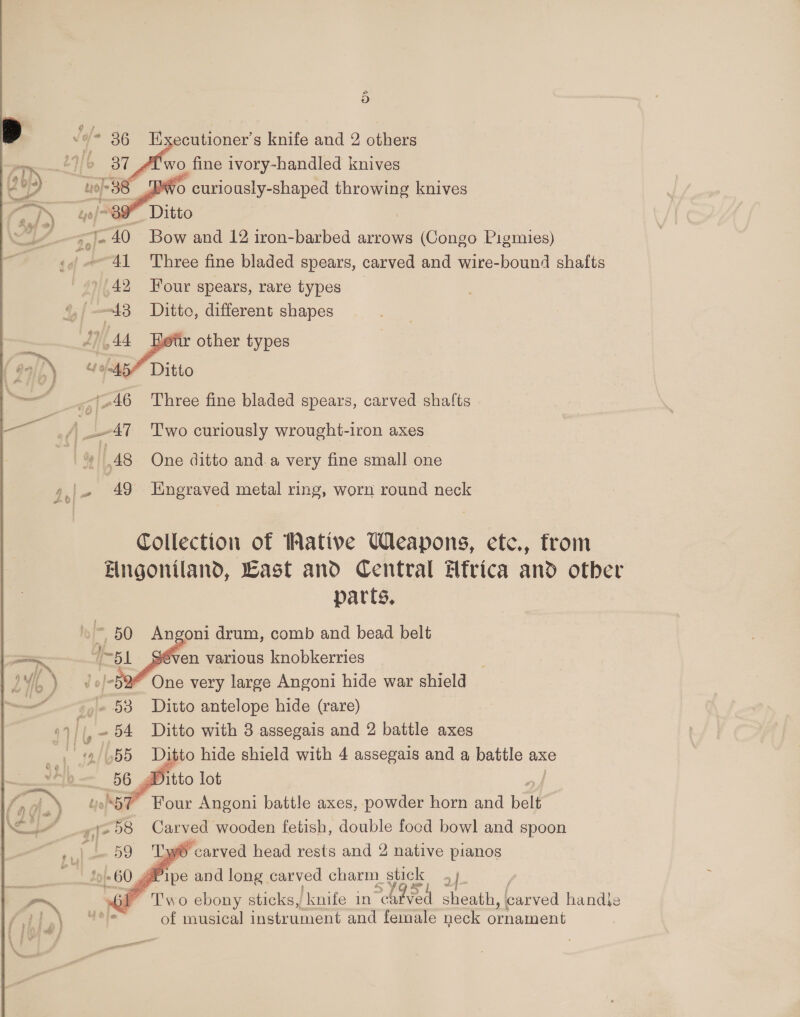 ) fe 36 Hxecutioner’s knife and 2 others Lai AU wo fine ivory-handled knives PWo curiously-shaped ae knives    io pa /=89 _ Ditto A Ref 1% 3 a _~ Je 40 Bow and 12 iron-barbed arrows (Congo Pigmies) “41 Three fine bladed spears, carved and wire-bound shafts '(42 Four spears, rare types 4/18 aoe different shapes  ee 3 346 Three fine bladed spears, carved shafts . 4/4 _—47 Two curiously wrought-iron axes 4 48 One ditto and.a very fine small one »,\2 49 Engraved metal ring, worn round neck Collection of Native Weapons, etc., from Elngoniland, Last and Central Hfrica and otber    parts, = 50 Angoni drum, comb and bead belt = 451 _Séven various knobkerries '-52® One very large Angoni hide war shield -,« 53 Ditto antelope hide (rare) | |, - 54 Ditto with 3 assegais and 2 battle axes Ditto hide shield with 4 assegais and a battle axe     56 Ditto lot s 7 Four Angonl battle axes, powder horn and belt eg ie OS Cig wooden fetish, double focd bowl and spoon © L569 Ty carved head rests and 2 native pianos ye and long carved charm stick , i : eo ebony sticks, knife in “hived sheath, carved handle of musical instrument and female neck ornament