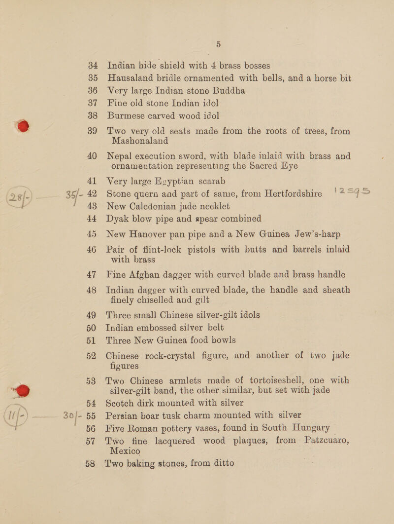 ee “ b4 35 36 o7 38 39 40 4] 42 43 44 45 46 47 48 49 50 51 52 53 54 5d 56 57 58 5 Indian hide shield with 4 brass bosses Hausaland bridle ornamented with bells, and a horse bit Very large Indian stone Buddha Fine oid stone Indian idol Burmese carved wood idol Two very old seats made from the roots of trees, from Mashonaland Nepal execution sword, with blade inlaid with brass and ornawentation representing the Sacred Eye Very large Eeyptian scarab Stone quern and part of same, from Hertfordshire New Caledonian jade necklet Dyak blow pipe and spear combined New Hanover pan pipe and a New Guinea Jew’s-harp Pair of flint-lock pistols with butts and barrels inlaid with brass Fine Afghan dagger with curved blade and brass handle Indian dagger with curved blade, the handle and sheath finely chiselled and gilt Three smal] Chinese silver-gilt idols Indian embossed silver belt Three New Guinea food bowls Chinese rock-crystal figure, and another of two jade figures Two Chinese armlets made of tortoiseshell, one with silver-gilt band, the other similar, but set with jade Scotch dirk mounted with silver Persian boar tusk charm mounted with silver Five Roman pottery vases, found in South Hungary © Two fine lacquered wood plagues, from Patzcuaro, Mexico Two baking stones, from ditto