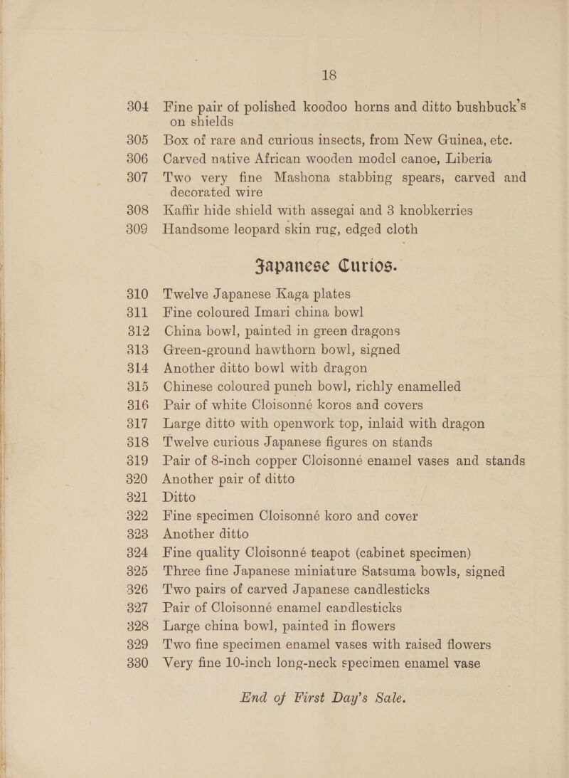 305 506 307 308 309 18 on shields Box of rare and curious insects, from New Guinea, ete. Carved native African wooden model canoe, Liberia Two very fine Mashona stabbing spears, carved and decorated wire Kaffir hide shield with assegai and 3 knobkerries Handsome leopard skin rug, edged cloth Japanese Curios. Twelve Japanese Kaga plates Fine coloured Imari china bowl China bowl, painted in green dragons Green-ground hawthorn bowl, signed Another ditto bowl with dragon Chinese coloured punch bowl, richly enamelled Pair of white Cloisonné koros and covers Large ditto with openwork top, inlaid with dragon Twelve curious Japanese figures on stands _ Pair of 8-inch copper Cloisonné enamel vases and stands Another pair of ditto Ditto Fine specimen Cloisonné koro and cover Another ditto Fine quality Cloisonné teapot (cabinet specimen) Three fine Japanese miniature Satsuma bowls, signed Two pairs of carved Japanese candlesticks Pair of Cloisonné enamel] candlesticks Two fine specimen enamel vases with raised flowers Very fine 10-inch long-neck specimen enamel vase Lind of First Day’s Sale.