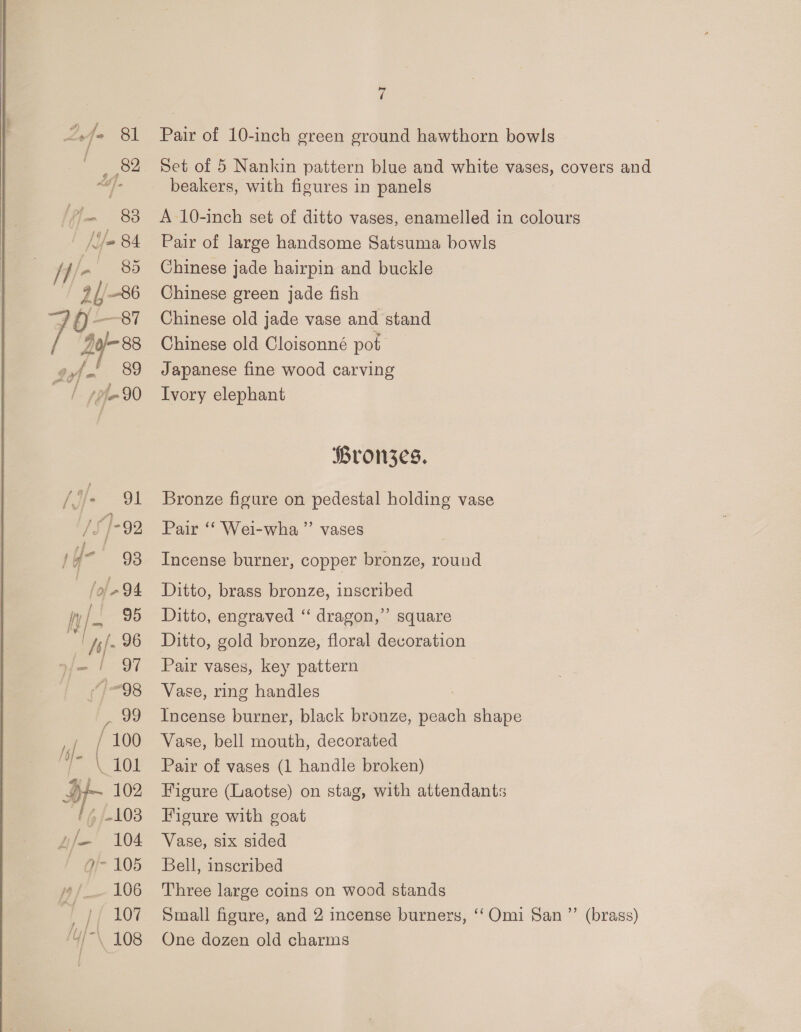 fg ( /O}- \ 101 Hf 102 I, (108 Af— 104. Qi- 105 jy/— 106 | 107 \ 108 7 Pair of 10-inch green ground hawthorn bowls Set of 5 Nankin pattern blue and white vases, covers and beakers, with figures in panels A 10-inch set of ditto vases, enamelled in colours Pair of large handsome Satsuma bowls Chinese jade hairpin and buckle Chinese green jade fish Chinese old jade vase and stand Chinese old Cloisonné pot Japanese fine wood carving Ivory elephant Hron3zes. Bronze figure on pedestal holding vase Pair “‘ Wei-wha ”’ vases Incense burner, copper bronze, round Ditto, brass bronze, inscribed Ditto, engraved “ dragon,” square Ditto, gold bronze, floral decoration Pair vases, key pattern Vase, ring handles Incense burner, black bronze, peach shape Vase, bell mouth, decorated Pair of vases (1 handle broken) Figure (Laotse) on stag, with attendants Figure with goat Vase, six sided Bell, inscribed Three large coins on wood stands Small figure, and 2 incense burners, ‘‘Omi San ”’ (brass) One dozen old charms