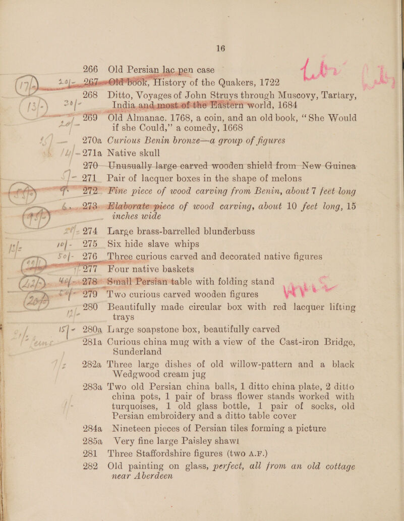    16 266 Old Persian Jac. pen case fhe 2 Le @OlE*book, History of the Quakers, 1722 “ stern world, 1684  India, and. most.of-  if she Could,” a comedy, 1668 270a Curious Benin bronze—a group of figures      270—Unusually large carved wooden shield from- New Guinea inches wide 275 Six hide slave whips Three curious carved and decorated native figures : &amp; wt ‘ ~979 ‘Two curious carved wooden figures a! ¥ : trays 280a Large soapstone box, beautifully carved 281a Curious china mug with a view of the Cast-iron Bridge, Sunderland 282a Three large dishes of old willow-pattern and a_ black Wedgwood cream jug 283a Two old Persian china balls, 1 ditto china plate, 2 ditto china pots, 1 pair of brass flower stands worked with turquoises, 1 old glass bottle, 1 pair of socks, old Persian embroidery and a ditto table cover 284a Nineteen pieces of Persian tiles forming a picture 285a Very fine large Paisley shaw! 981 Three Staffordshire figures (two A.F.) 3 282 Old painting on glass, perfect, all from an old cottage near Aberdeen a ye