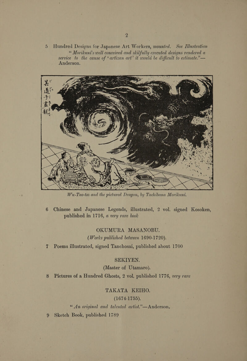iad 9) 2 Hundred Designs for Japanese Art Workers, mounted. See Illustration Morikuni’s well conceived and skilfully executed designs rendered a service to the cause of ‘artizan art’ it would be difficult to estimate.”— Anderson.  6 i 8 9 Chinese and Japanese Legends, illustrated, 2 vol. signed Kosoken, published in 1716, a very rare book OKUMURA MASANOBU. (Works published between 1690-1720). Poems illustrated, signed Tanchosai, published about 1700 SEKIYEN. (Master of Utamaro). Pictures of a Hundred Ghosts, 2 vol, published 1776, very rare TAKATA KEIHO. (1674-1755). * An original and talented artist.’”— Anderson, Sketch Book, published 1789