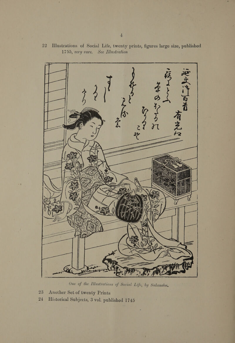 + 22 Illustrations of Social Life, twenty prints, figures large size, published 1755, very rare. See Lllustration  23 Another Set of twenty Prints 24 Historical Subjects, 3 vol. published 1745