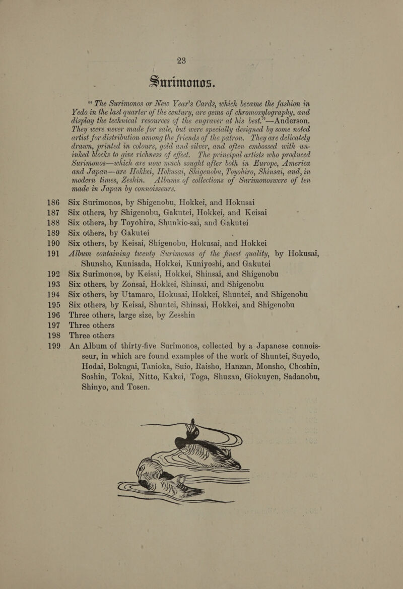 186 187 188 189 190 191 192 193 194 195 196 197 198 199 23 Surimonas. The Surimonos or New Year's Cards, which became the fashion in Yedo in the last quarter of the century, are gems of chromoaylography, and display the technical resources of the engraver at his best.”—Anderson. They were never made for sale, but were specially designed by some noted artist for distribution among the friends of the patron. They are delicately drawn, printed in colours, gold and silver, and often embossed with un- inked blocks to give richness of effect. The principal artists who produced Surimonos—which are now much sought after both in Europe, America and Japan—are Hokkei, Hokusai, Shigenobu, Toyohiro, Shinsai, and, in modern times, Zeshin. Albums of collections of Surimonoswere of ten made in Japan by connoisseurs. Six Surimonos, by Shigenobu, Hokkei, and Hokusai Six others, by Shigenobu, Gakutei, Hokkei, and Keisai Six others, by Toyohiro, Shunkio-sai, and Gakutei Six others, by Gakutei , Six others, by Keisai, Shigenobu, Hokusai, and Hokkei Album containing twenty Surimonos of the finest quality, by Hokusai, Shunsho, Kunisada, Hokkei, Kuniyoshi, and Gakutei Six Surimonos, by Keisai, Hokkei, Shinsai, and Shigenobu Six others, by Zonsai, Hokkei, Shinsai, and Shigenobu Six others, by Utamaro, Hokusai, Hokkei, Shuntei, and Shigenobu Six others, by Keisai, Shuntei, Shinsai, Hokkei, and Shigenobu Three others, large size, by Zesshin Three others Three others An Album of thirty-five Surimonos, collected by a Japanese connois- seur, In which are found examples of the work of Shuntei, Suyedo, Hodai, Bokugai, Tanioka, Suio, Raisho, Hanzan, Monsho, Choshin, Soshin, Tokai, Nitto, Kakei, Toga, Shuzan, Giokuyen, Sadanobu, Shinyo, and Tosen. 
