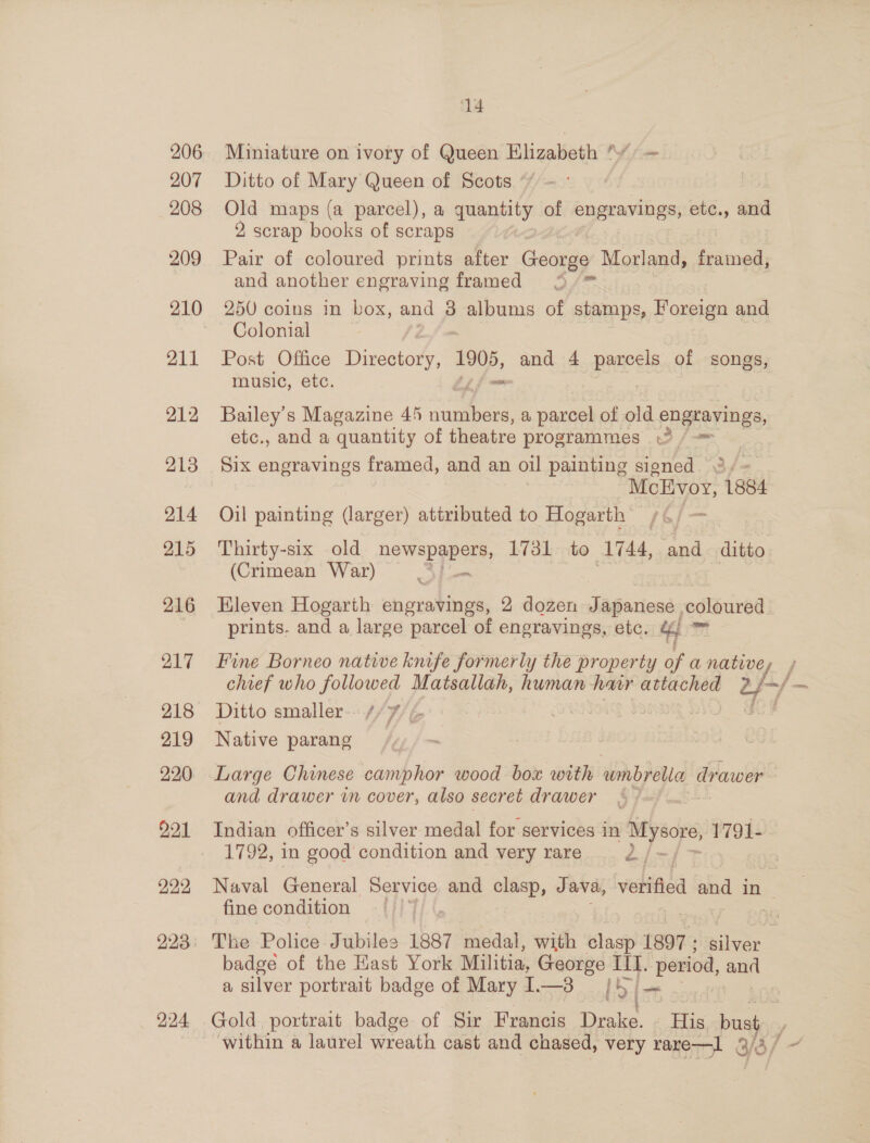 206 207 208 209 yaa 212 213 214 215 216 217 219 220 221 222 224, 14 Miniature on ivory of Queen Elizabeth vy — Ditto of Mary Queen of Scots - : Old maps (a parcel), a quay: of engravings, etc., and 2 scrap books of scraps Pair of coloured prints alter George Morland, framed, and another engraving framed Few 250 coins in box, and 38 albums of stamps, Foreign and Colonial | Post Office Directory, ae and 4 parcels of songs, music, etc. ; Bailey's Magazine 45 numbers, a parcel of old engravings, etc., and a quantity of theatre programmes 3 /—- Six engravings framed, and an oul painting signed &lt;¢ McEvoy, 1884 Oil painting (larger) attributed to Hogarth (Crimean War) prints. and a large parcel of engravings, etc. &amp; fl Ditto smaller. // 7, ¢. Native parang = and drawer vn cover, also secret drawer Indian officer’s silver medal for services in Mysore, 1791- ® 1792, in good condition and very rare 3 fine condition The Police Jubilee 1887 medal, with ace} 1897 - ; inion badge of the Hast York Militia, George III. period, and a silver portrait badge of MaryI.—3 j|hi-~ —— within a laurel wreath cast and chased, very rare—l a3