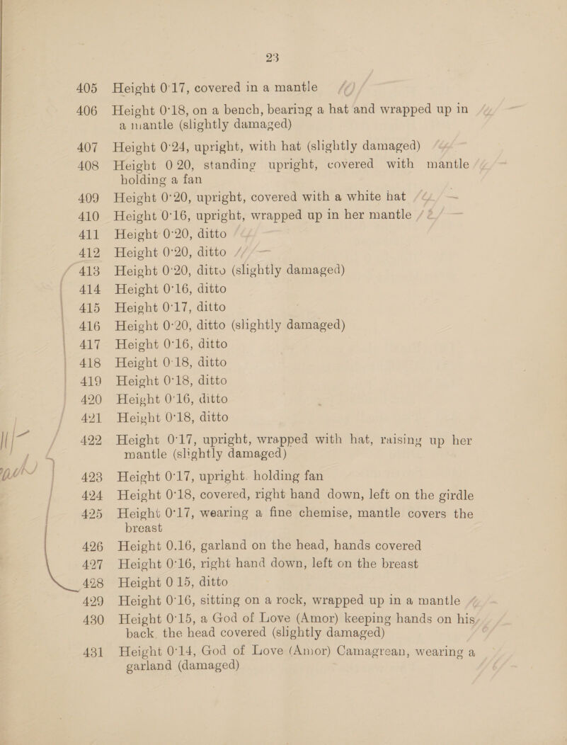 405 406 407 408 409 410 411 412 413 414 415 416 417 418 419 420 421 422 423 424 425 | 426 i. 427 428 429 430 431 23 Height 0:17, covered in a mantle Height 0°18, on a bench, bearing a hat and wrapped up in a mantle (slightly damaged) Height 0°24, upright, with hat (slightly damaged) Height 020, standing upright, holding a fan Height 0°20, upright, covered with a white hat Height 0°16, upright, wrapped up in her mantle Height 0°20, ditto Height 0°20, ditto Height 0°20, ditto (shghtly damaged) Height 0°16, ditto Height 0°17, ditto Height 0°20, ditto (slightly icc Height 0°16, ditto Height 0°18, ditto Height 0°18, ditto Height 0:16, ditto Height 0°18, ditto Height 0°17, upright, wrapped with hat, raising up her mantle (slightly damaged) Height 0°17, upright. holding fan Height 0°18, covered, right hand down, left on the eirdle Height 0°17, wearing a fine chemise, mantle covers the breast Height 0.16, garland on the head, hands covered Height 0°16, right hand down, left on the breast Height 015, ditto Height 0°16, sitting on a rock, wrapped up in a mantle Height 0°15, a God of Love (Amor) keeping hands on his back, the head covered (slightly damaged) Height 0°14, God of Love (Amor) Camagrean, wearing a garland (damaged) covered with mantle