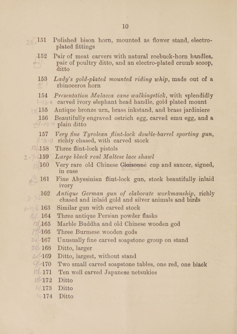 ToL 152 153 154 155 156 157 458 160 161 162 163 fof. 164 (2, A65 ‘166 167 168 A169 1-170 ATA 172 10 Polished bison horn, mounted as flower stand, electro- plated fittings Pair of meat carvers with natural roebuck-horn handles, pair of poultry ditto, and an electro-plated crumb scoop, ditto Lady’s gold-plated mounted riding whip, made out of a rhinoceros horn Presentation Malacca cane walkingstick, with splendidly carved ivory elephant head handle, gold plated mount Antique bronze urn, brass inkstand, and brass jardiniere Beautifully engraved ostrich egg, carved emu egg, and a plain ditto Very fine Tyrolean flint-lock double-barrel sporting gun, richly chased, with carved stock Three flint-lock pistols Large black real Maltese lace shawl Very rare old Chinese Gleisonné cup and saucer, signed, in case | Fine Abyssinian flint-lock gun, stock beautifully inlaid ivory Antique German gun of elaborate workmanship, richly chased and inlaid gold and silver animals and birds Similar gun with carved stock Three antique Persian powder flasks Marble Buddha and old Chinese wooden god Three Burmese wooden gods Unusually fine carved soapstone group on stand Ditto, larger Ditto, largest, without stand Two small carved soapstone tables, one red, one black Ten well carved Japanese netsukies Ditto Ditto