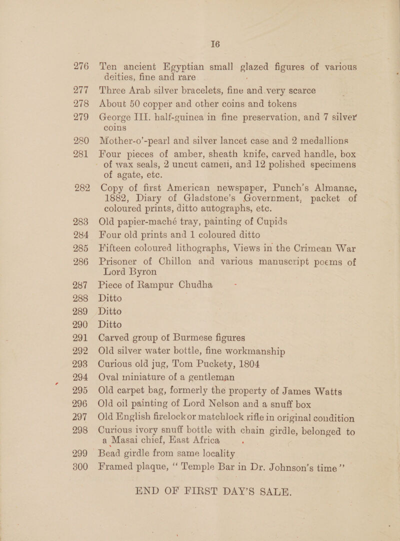 276 att 278 279 280 281 282 283 284 285 286 287 288 289 290 291 292 293 294 295 296 297 298 299 300 I6 Ten ancient Egyptian small glazed figures of various deities, fine and rare Three Arab silver bracelets, fine and.very scarce About 50 copper and other coins and tokens George ITI. half-guinea in fine preservation, and 7 silver coins Mother-o’-pear! and silver lancet case and 2 medallions Four pieces of amber, sheath knife, carved handle, box of agate, etc. Copy of first American newspaper, Punch’s Almanac, 1882, Diary of Gladstone’s Government, packet of coloured prints, ditto autographs, etc. Old papier-maché tray, painting of Cupids Four old prints and 1 coloured ditto Fifteen coloured lithographs, Views in the Crimean War Prisoner of Chillon and various manuscript poems of Lord Byron Piece of esl Chudha Ditto Ditto Ditto Carved group of Burmese figures Old silver water bottle, fine workmanship Curious old jug, Tom Puckety, 1804 Oval miniature of a gentleman Old carpet bag, formerly the property of James Watts Old oil ating of Lord Nelson and a snuff box Old English firelock or matchlock rifle in original condition Curious ivory snuff bottle with chain girdle, belonged to a Masai chief, Hast Africa | Bead girdle from same locality Framed plaque, ‘ ‘lemple Bar i in Dr. Jobneortadime” END OF FIRST DAY’S SALE.